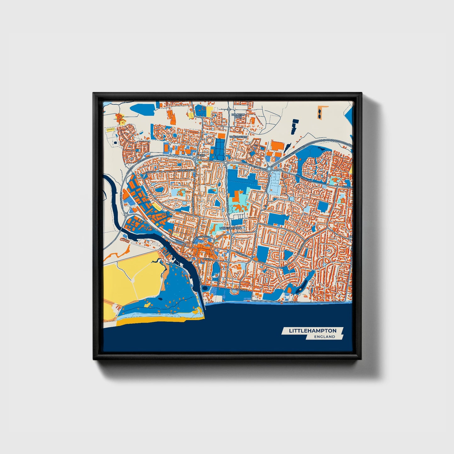 Littlehampton England Colorful City Map Canvas Print • Black Framed