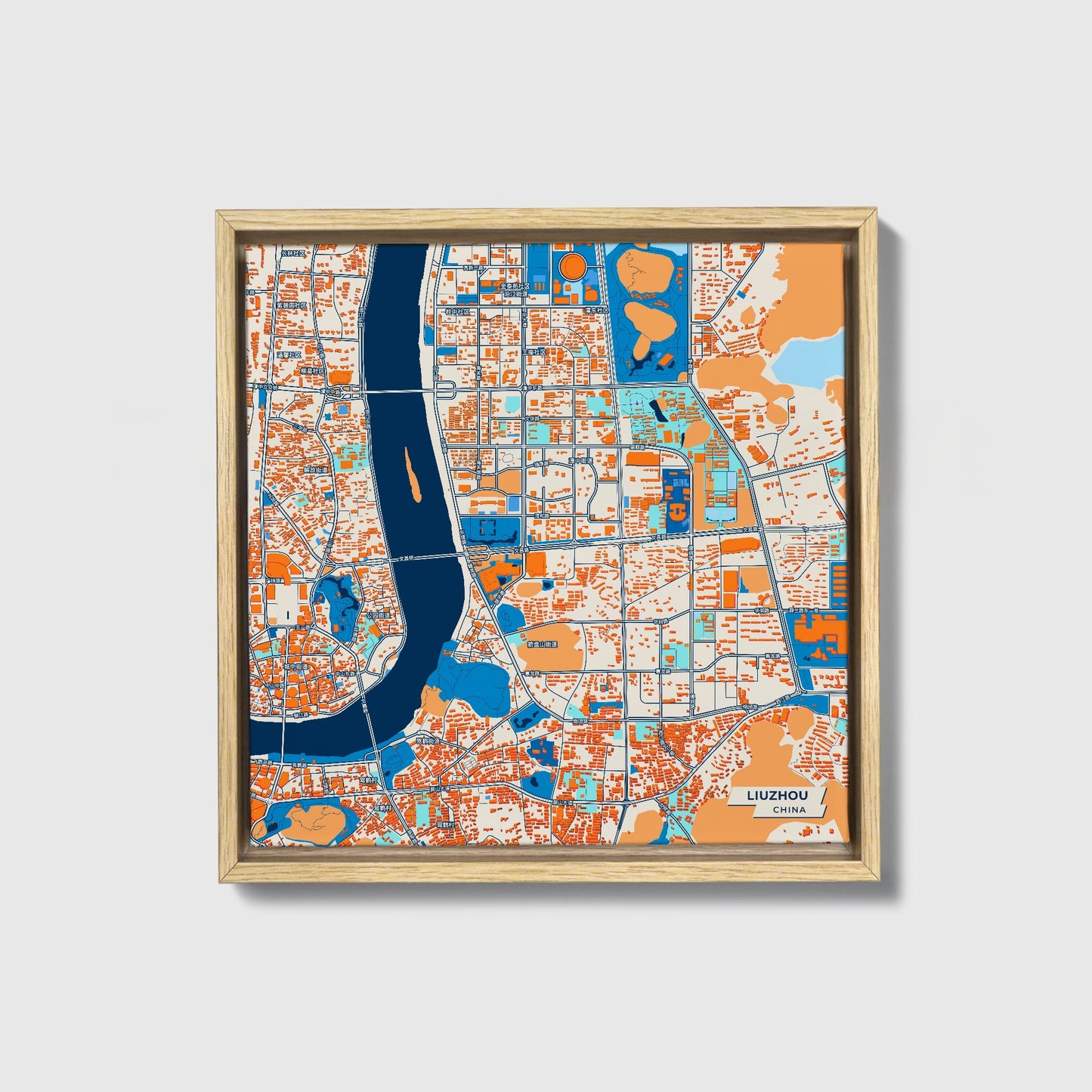 Liuzhou China Colorful City Map Canvas Print • Natural Wooden Framed