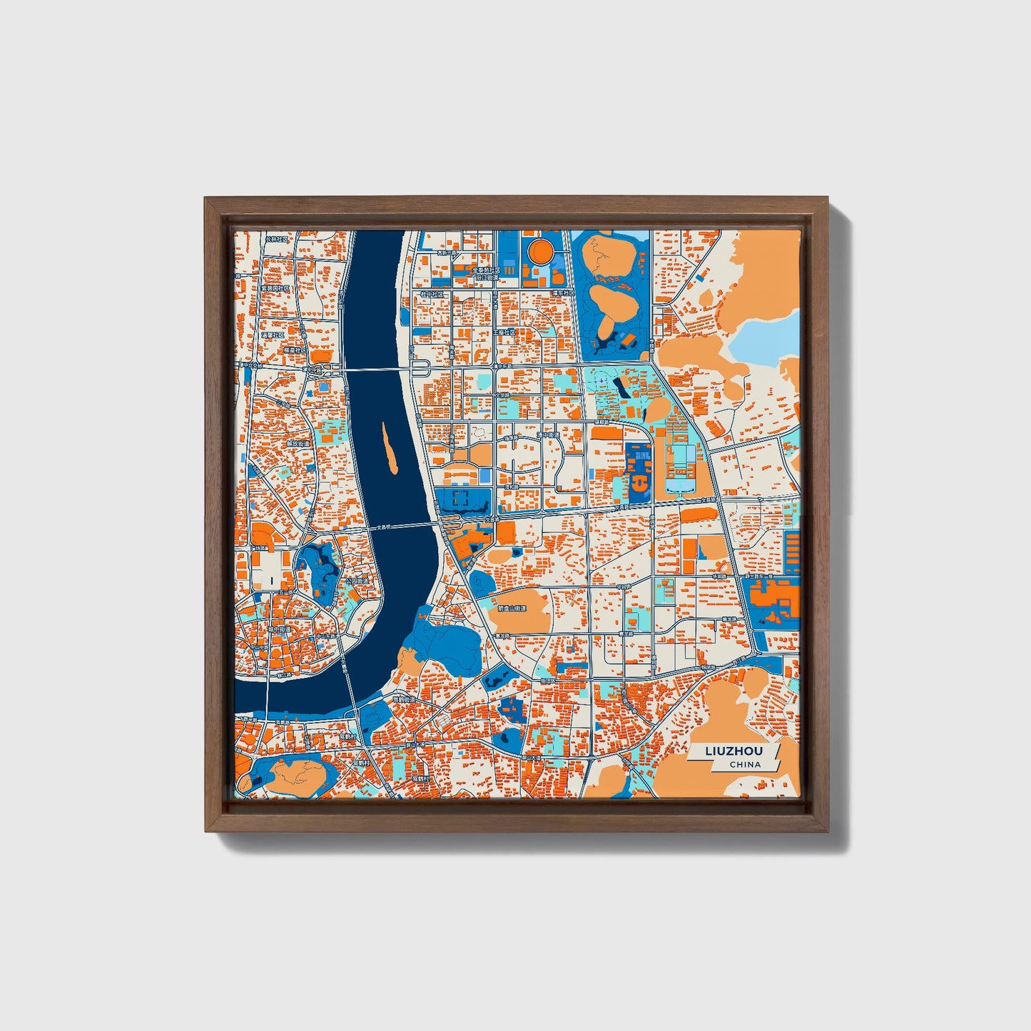 Liuzhou China Colorful City Map Canvas Print • Dark Wooden Framed
