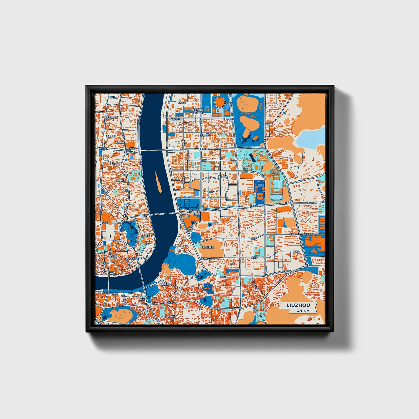 Liuzhou China Colorful City Map Canvas Print • Black Framed