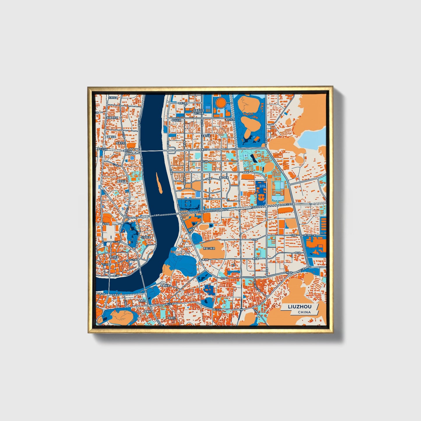 Liuzhou China Colorful City Map Canvas Print • Gold Framed