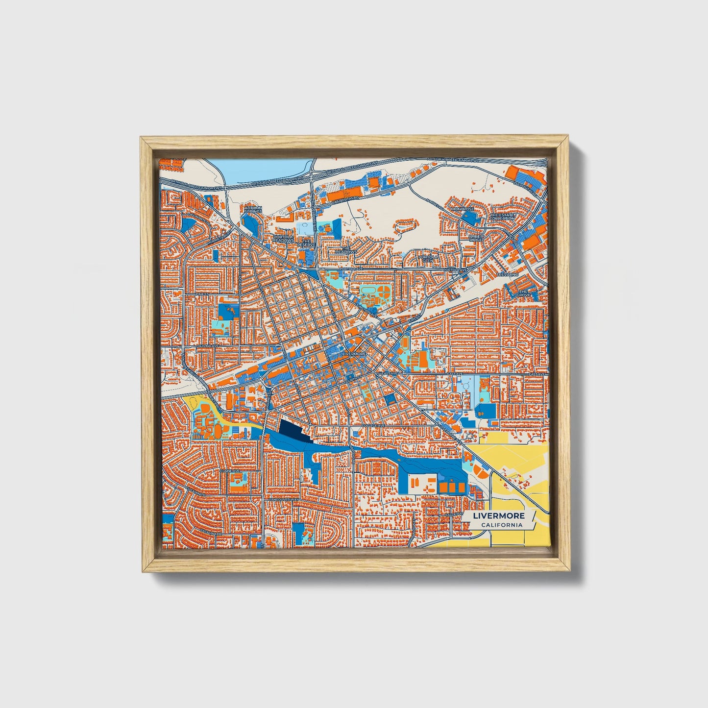 Livermore California Colorful City Map Canvas Print • Natural Wooden Framed
