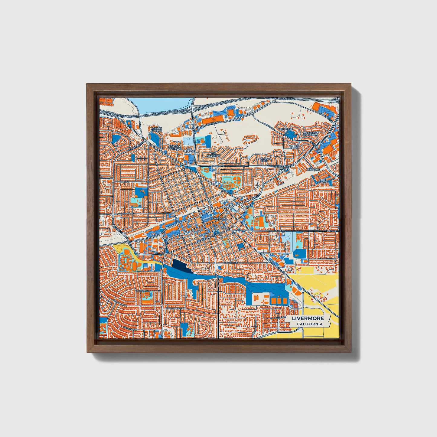 Livermore California Colorful City Map Canvas Print • Dark Wooden Framed