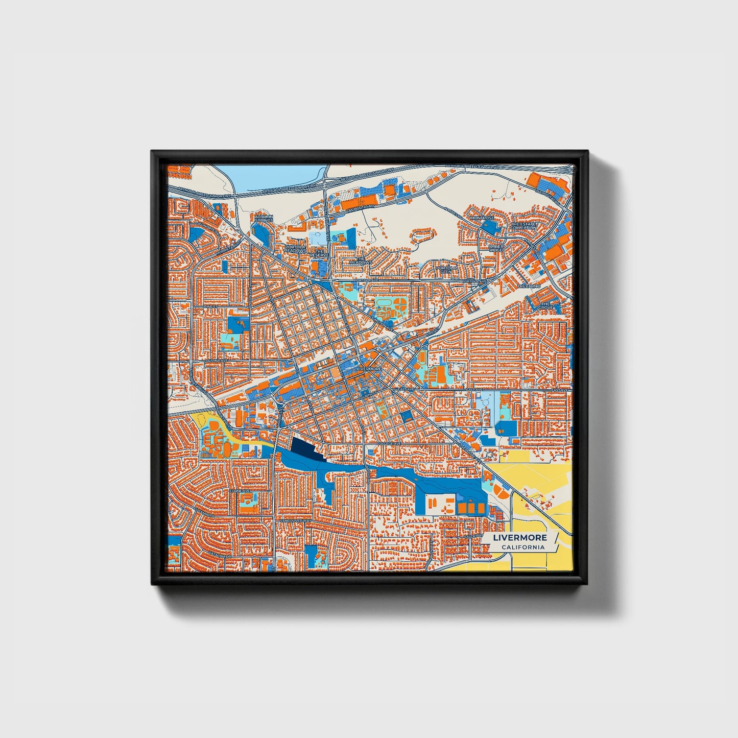 Livermore California Colorful City Map Canvas Print • Black Framed