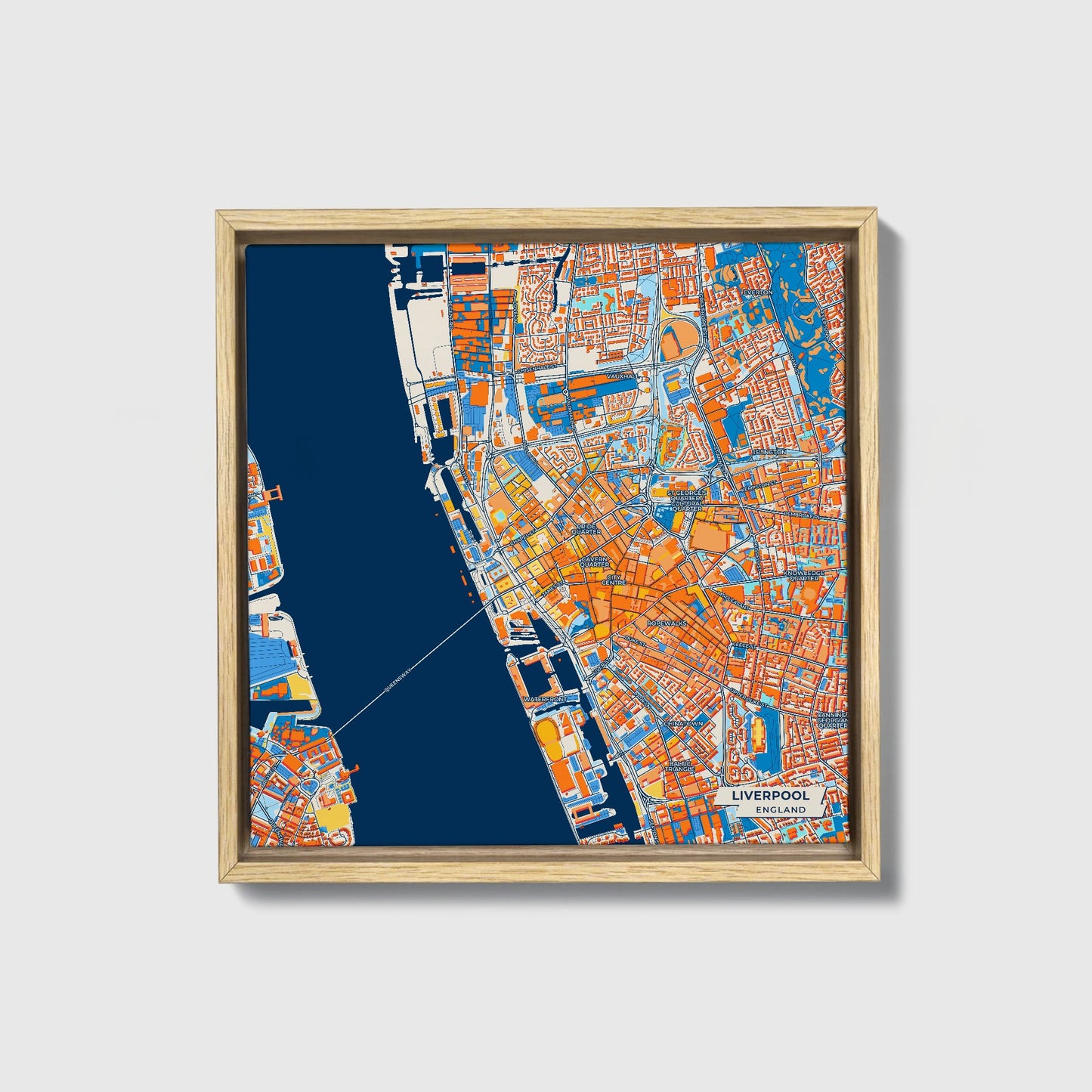 Liverpool England Colorful City Map Canvas Print • Natural Wooden Framed
