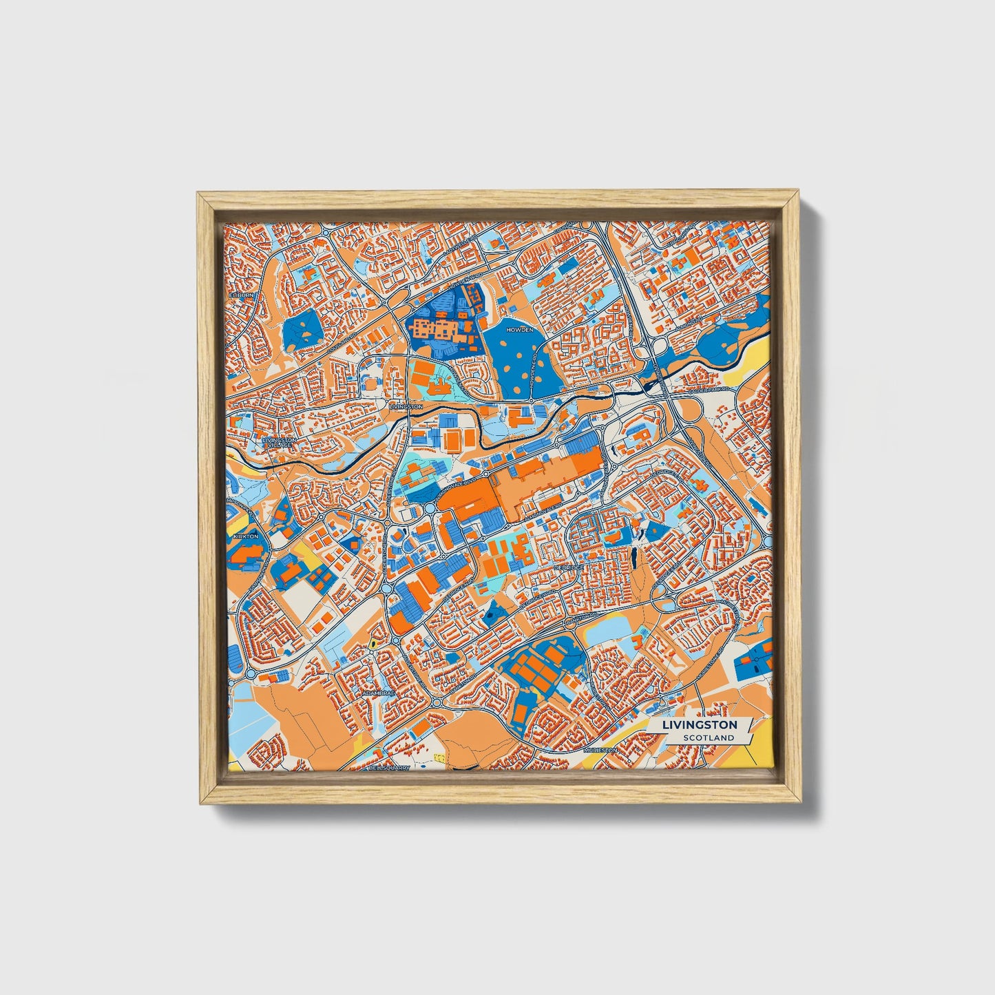 Livingston Scotland Colorful City Map Canvas Print • Natural Wooden Framed