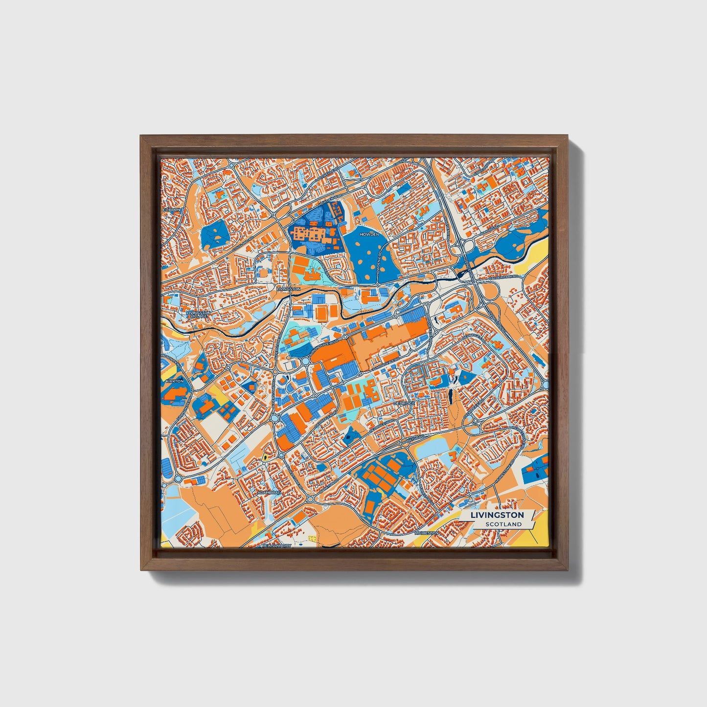 Livingston Scotland Colorful City Map Canvas Print • Dark Wooden Framed