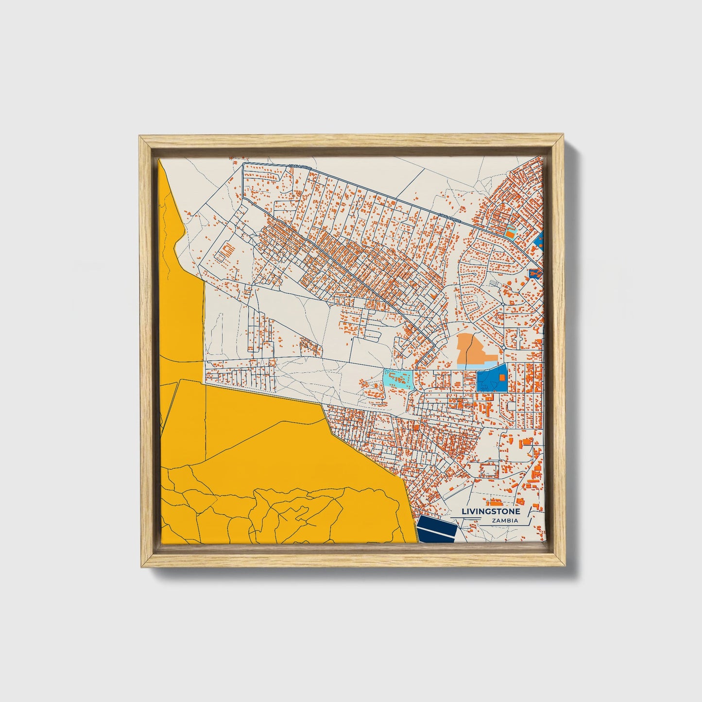 Livingstone Zambia Colorful City Map Canvas Print • Natural Wooden Framed