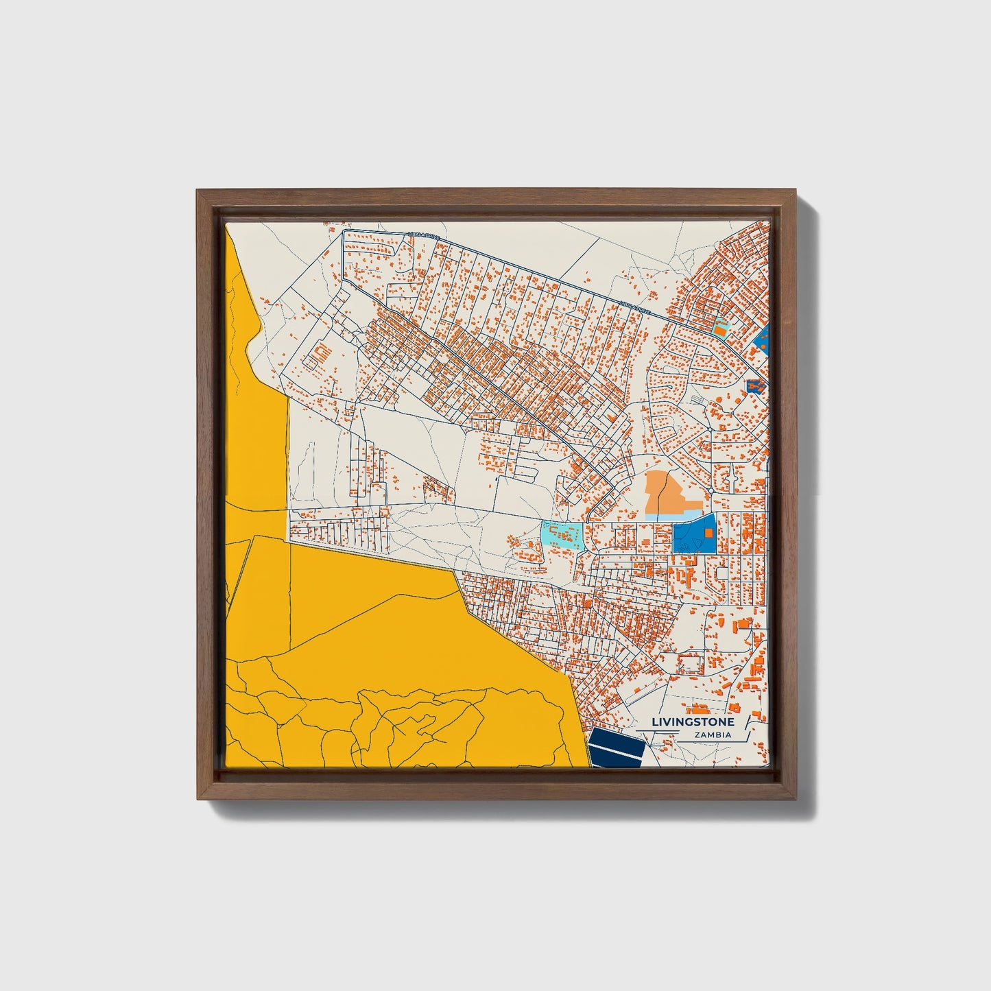 Livingstone Zambia Colorful City Map Canvas Print • Dark Wooden Framed