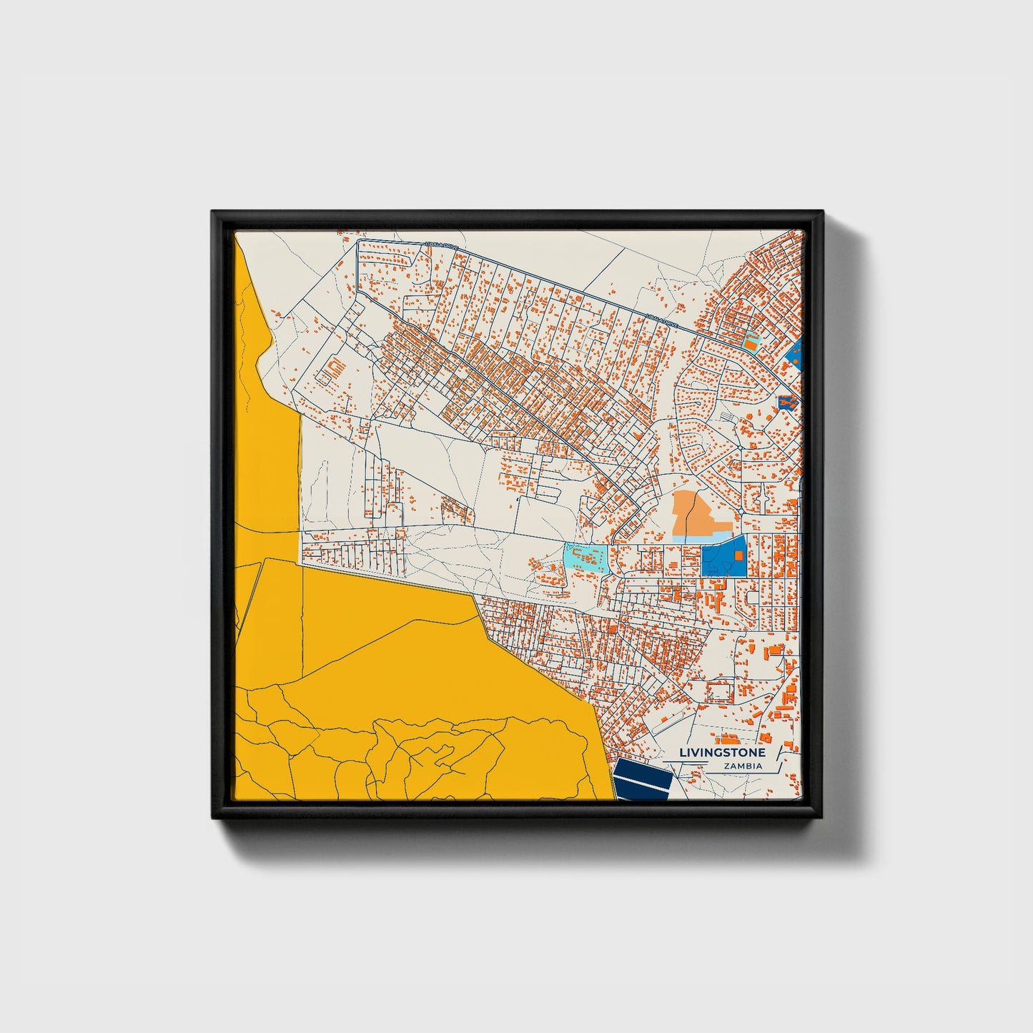 Livingstone Zambia Colorful City Map Canvas Print • Black Framed