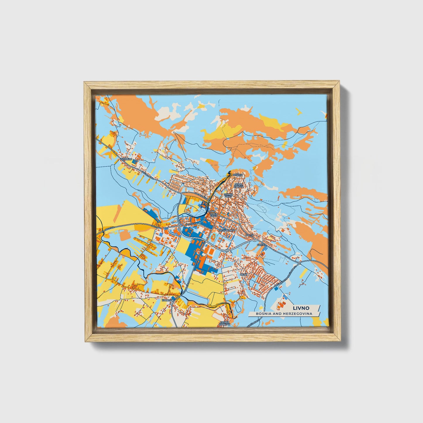 Livno Bosnia And Herzegovina Colorful City Map Canvas Print • Natural Wooden Framed