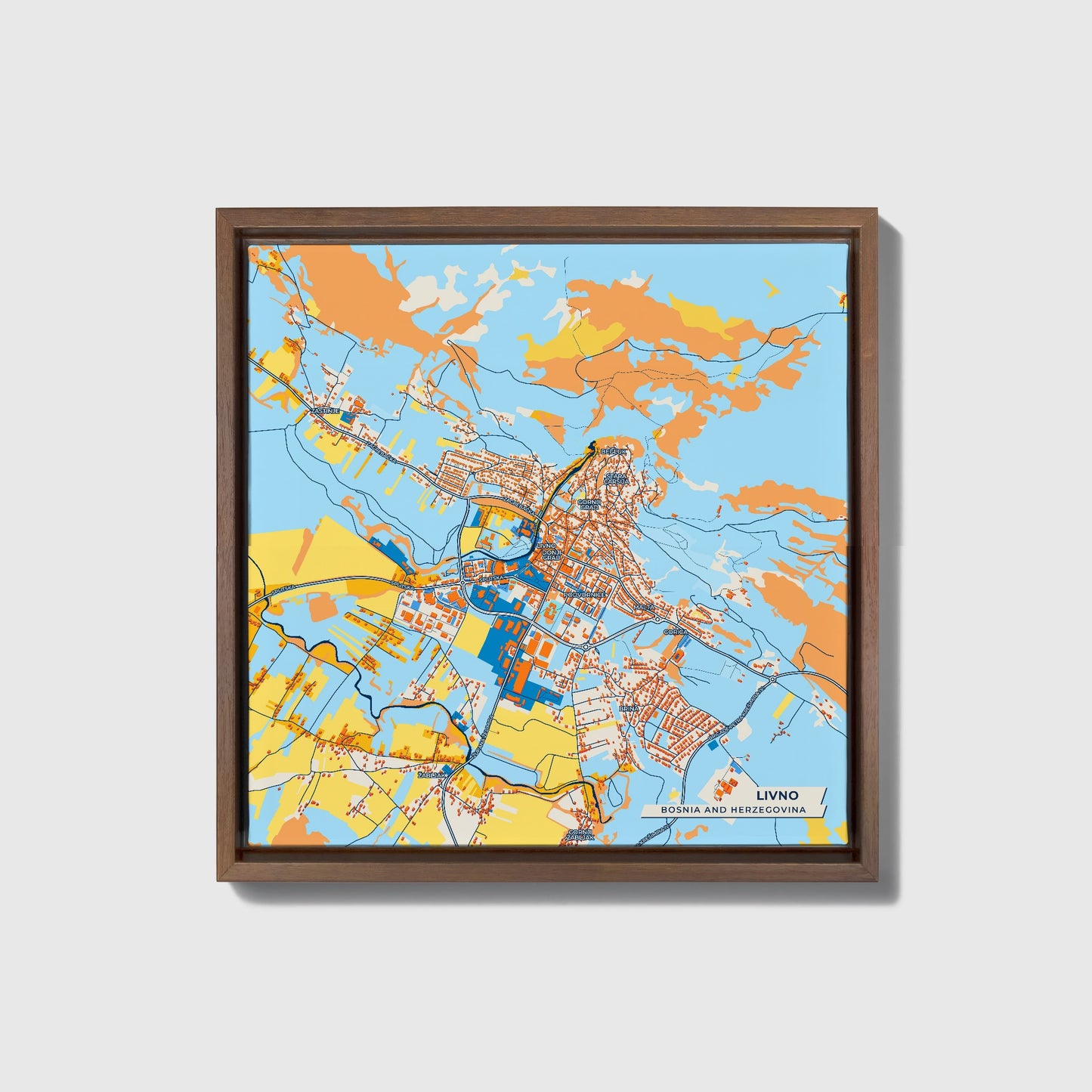 Livno Bosnia And Herzegovina Colorful City Map Canvas Print • Dark Wooden Framed