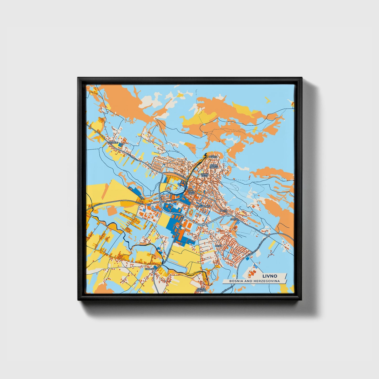 Livno Bosnia And Herzegovina Colorful City Map Canvas Print • Black Framed