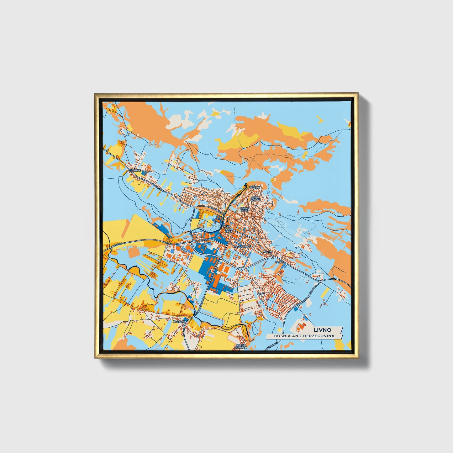 Livno Bosnia And Herzegovina Colorful City Map Canvas Print • Gold Framed