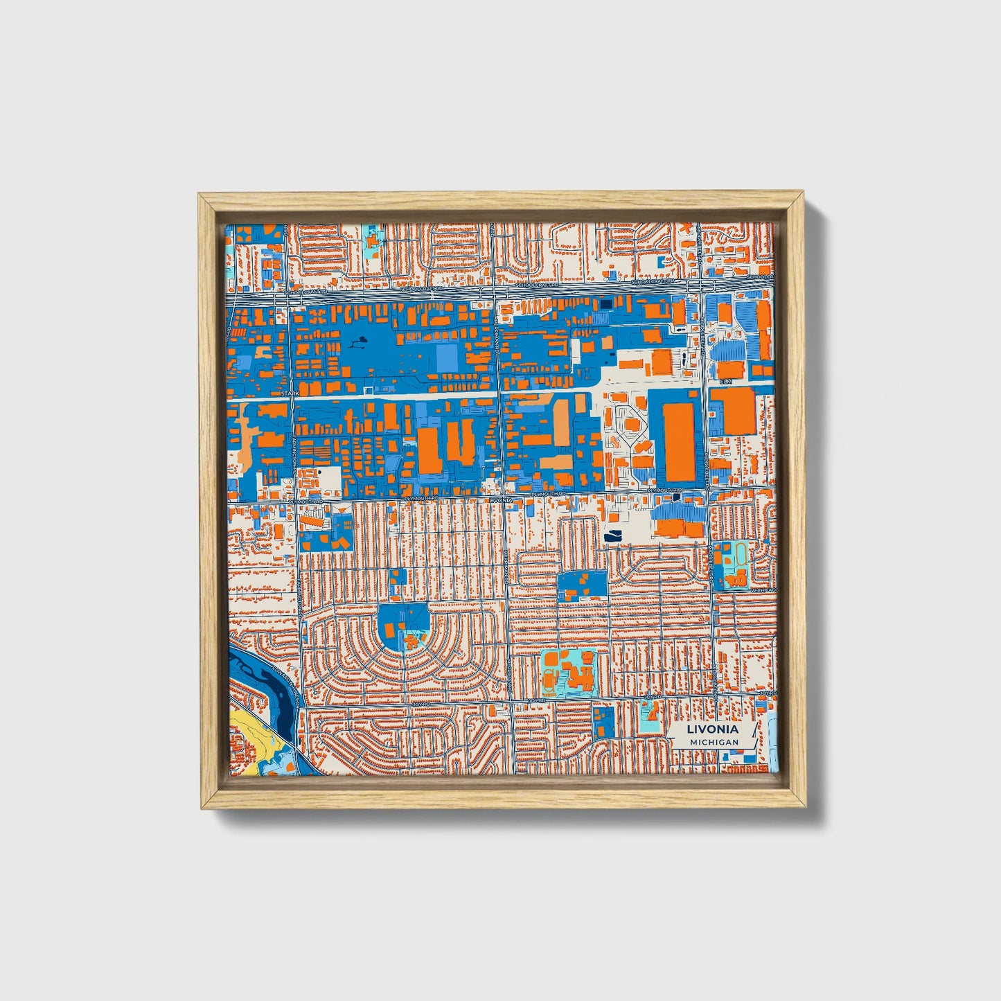 Livonia Michigan Colorful City Map Canvas Print • Natural Wooden Framed