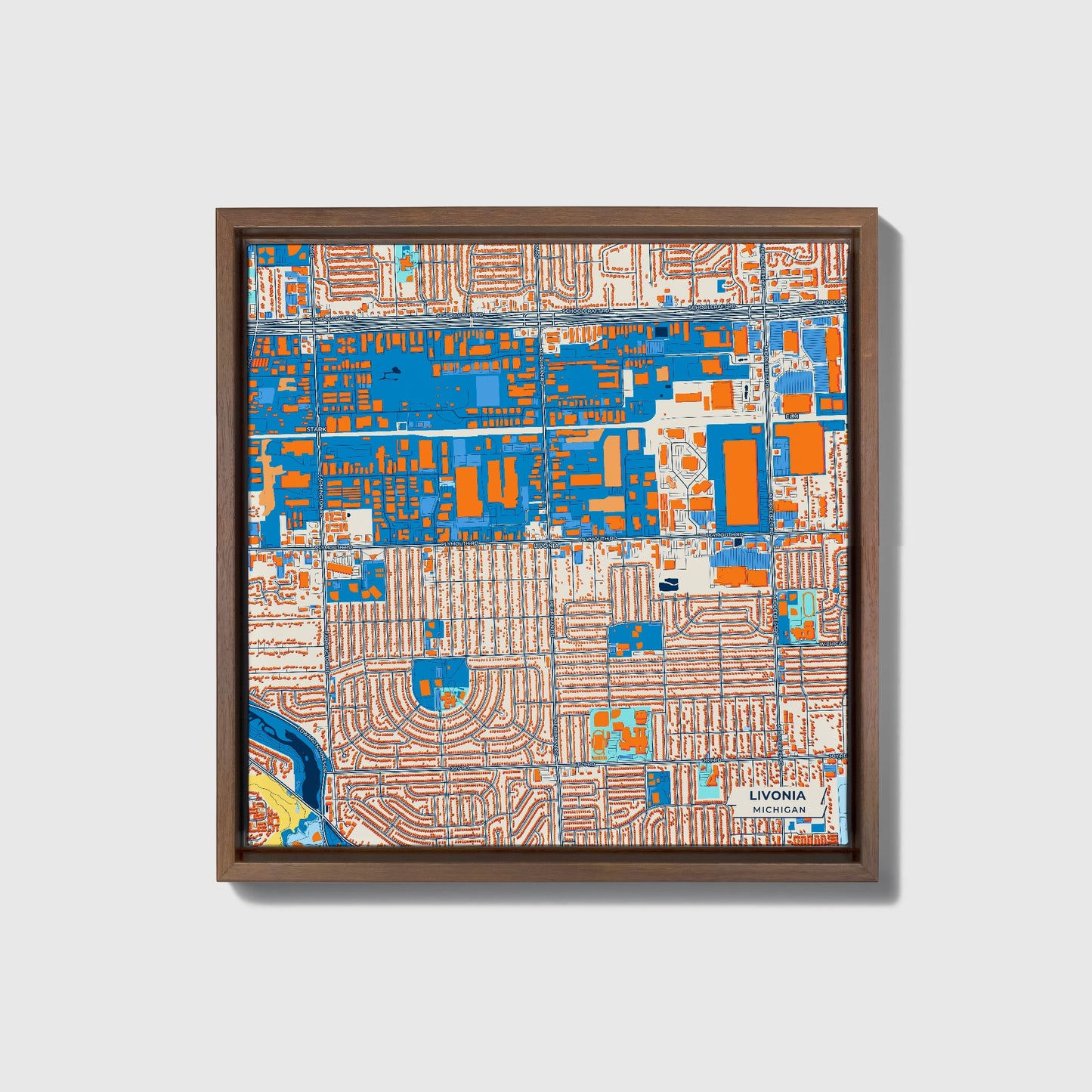 Livonia Michigan Colorful City Map Canvas Print • Dark Wooden Framed