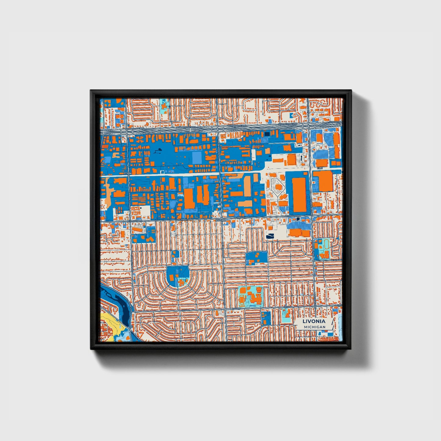 Livonia Michigan Colorful City Map Canvas Print • Black Framed