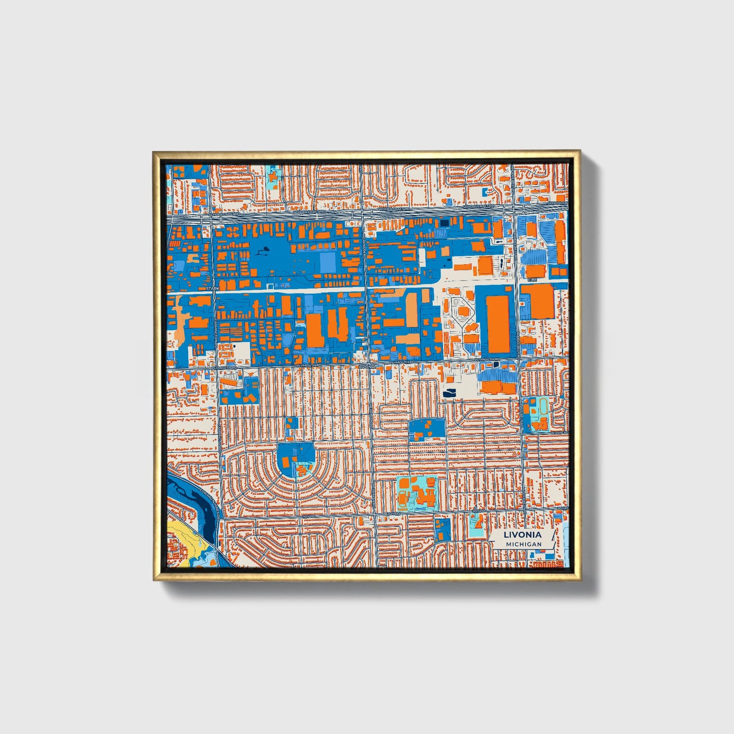 Livonia Michigan Colorful City Map Canvas Print • Gold Framed