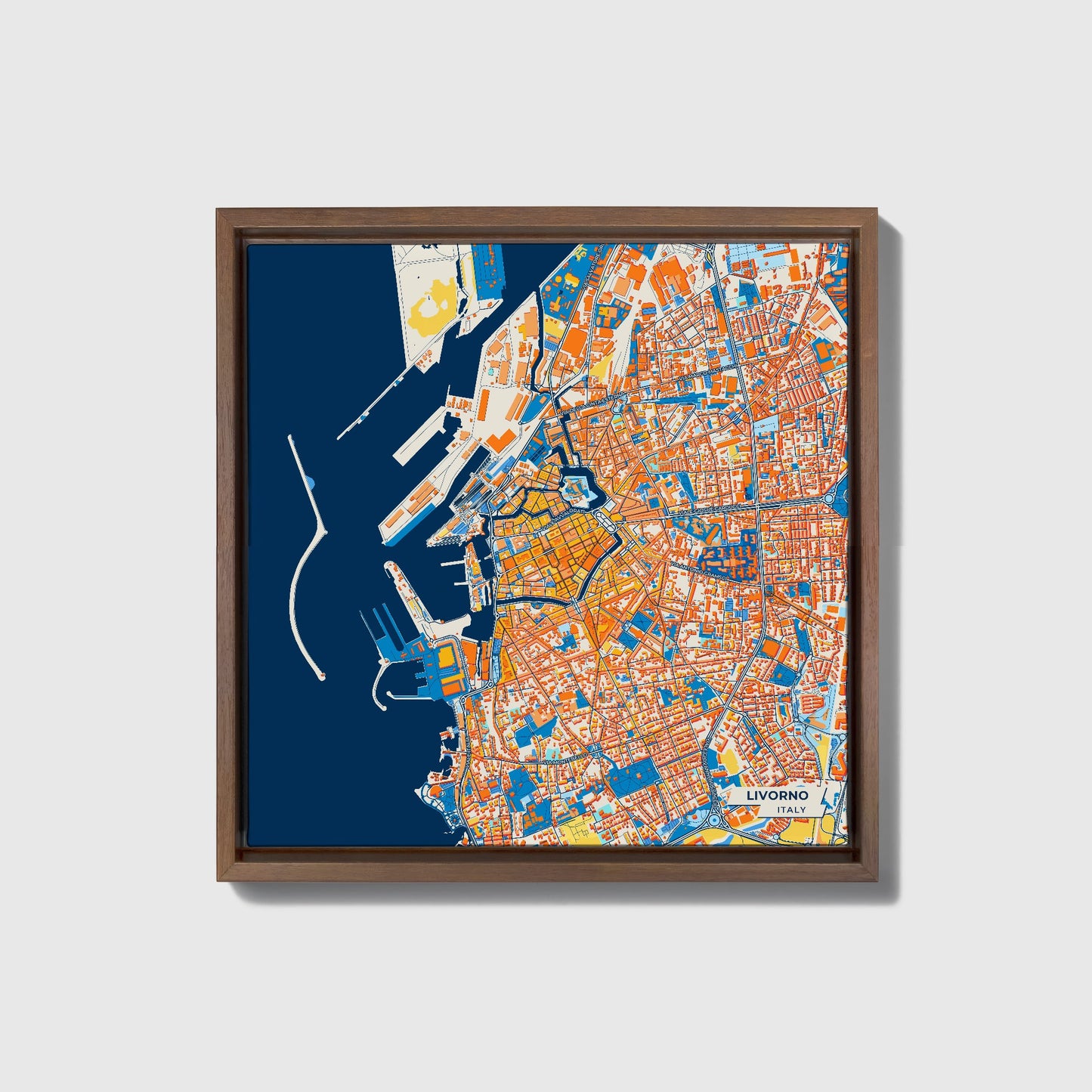 Livorno Italy Colorful City Map Canvas Print • Dark Wooden Framed