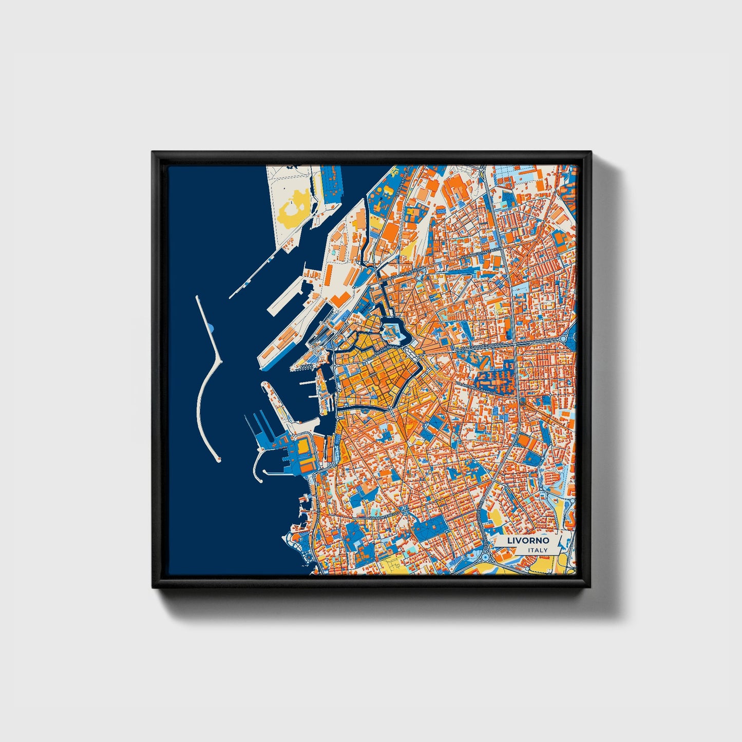 Livorno Italy Colorful City Map Canvas Print • Black Framed