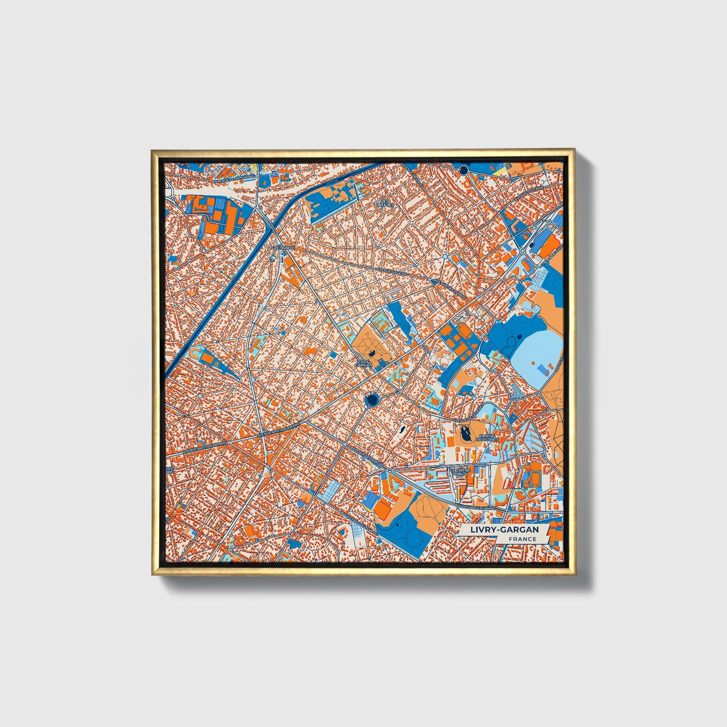 Livry-Gargan France Colorful City Map Canvas Print • Gold Framed