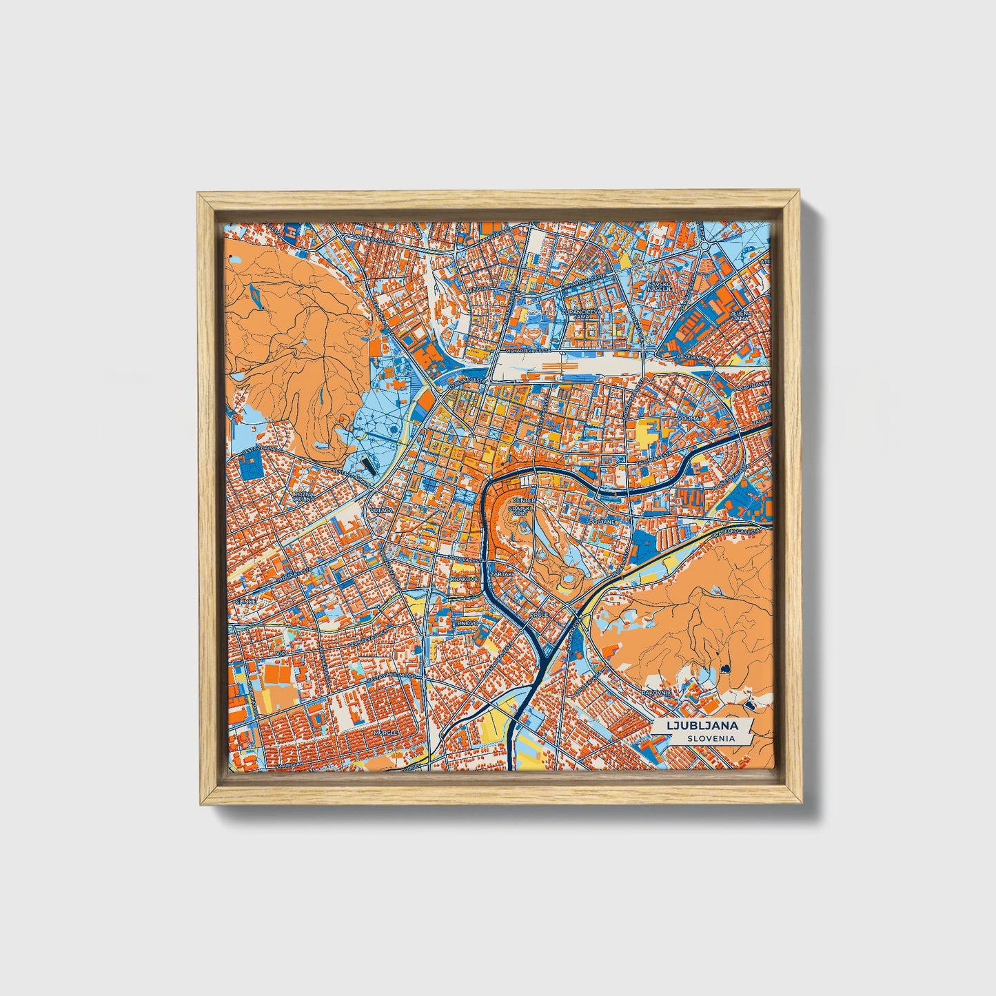 Ljubljana Slovenia Colorful City Map Canvas Print • Natural Wooden Framed