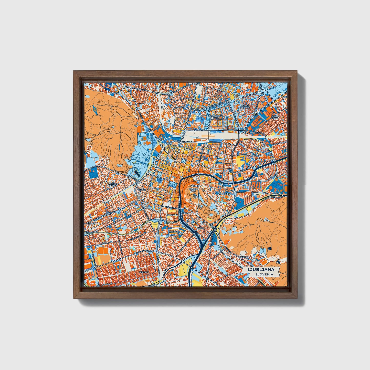 Ljubljana Slovenia Colorful City Map Canvas Print • Dark Wooden Framed