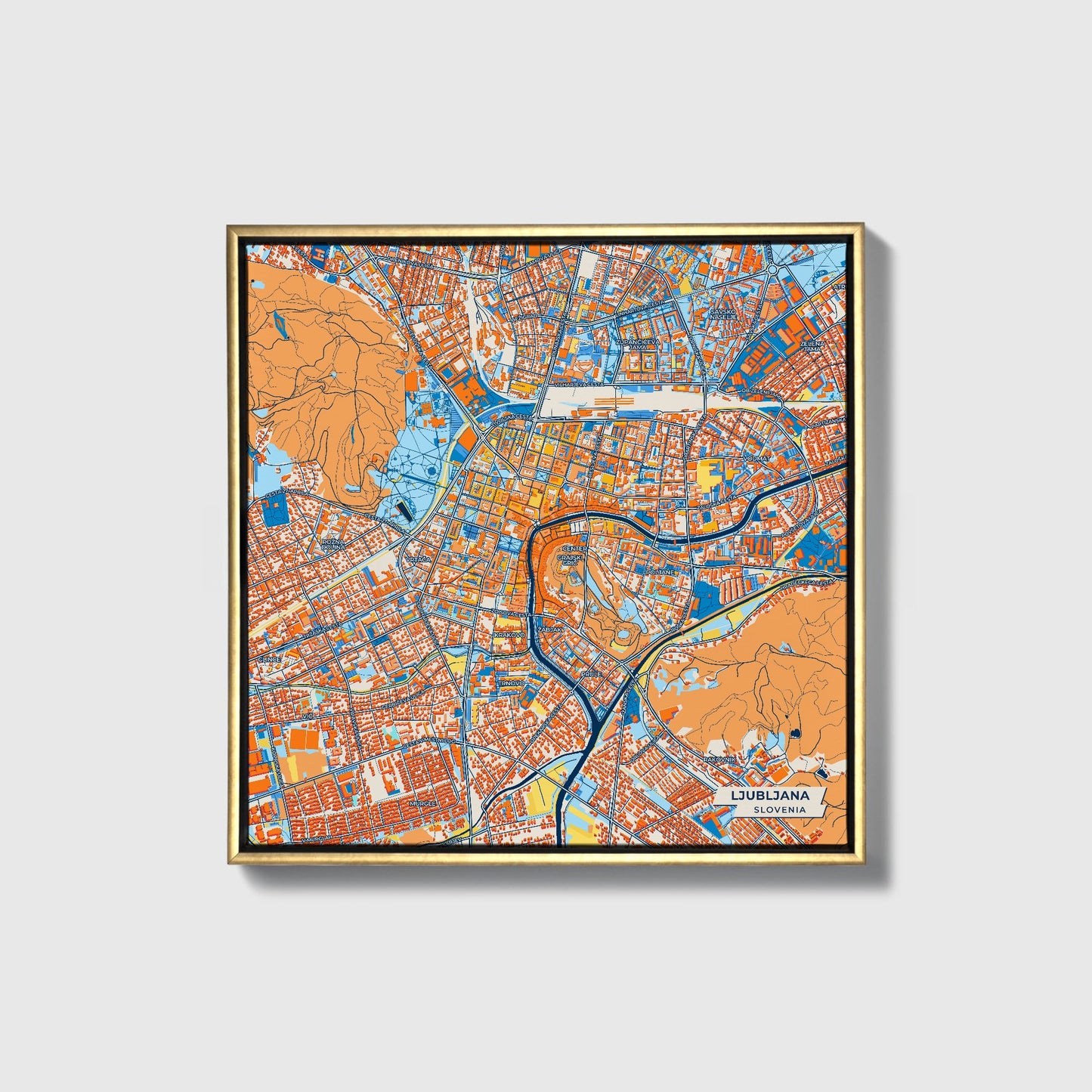 Ljubljana Slovenia Colorful City Map Canvas Print • Gold Framed