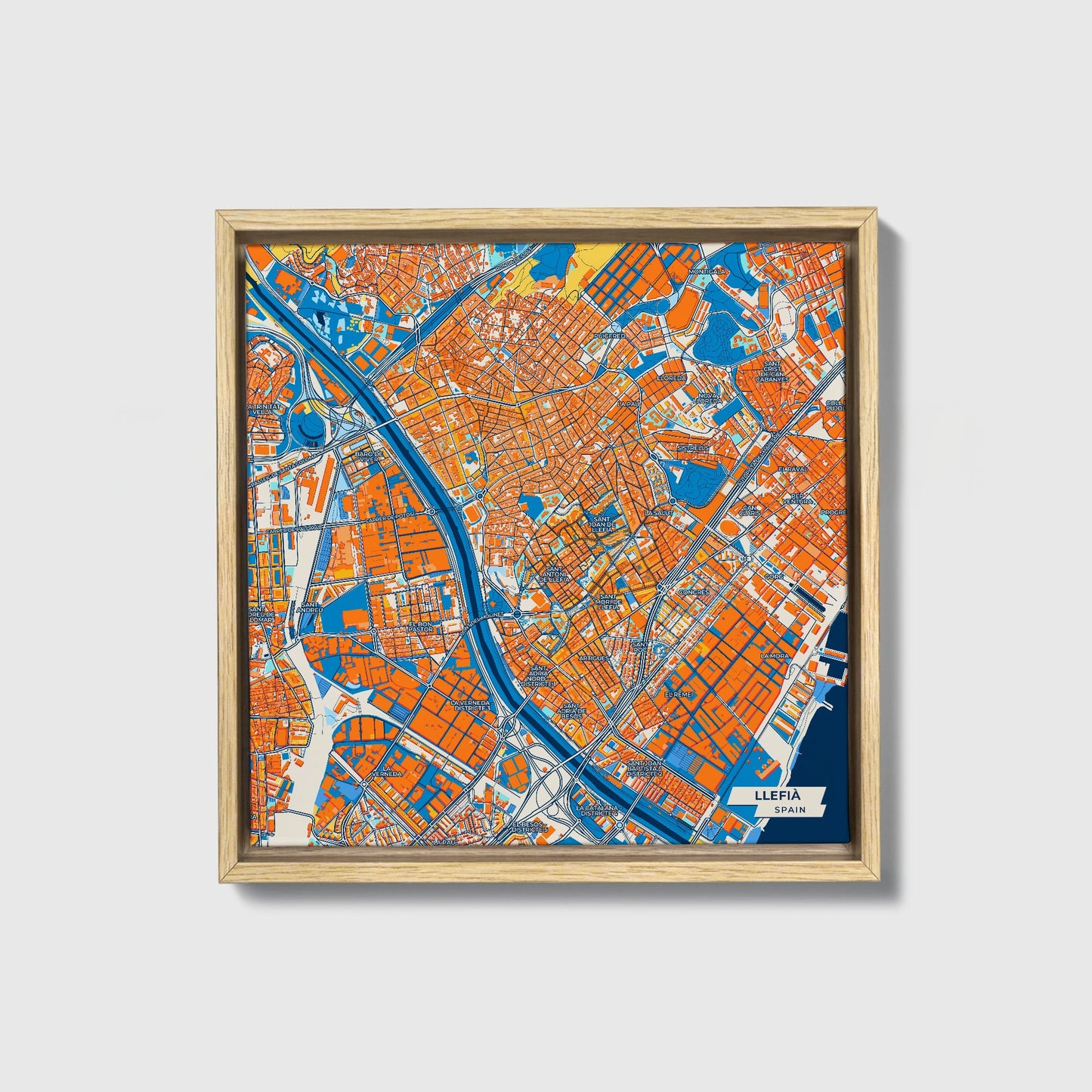 Llefià Spain Colorful City Map Canvas Print • Natural Wooden Framed