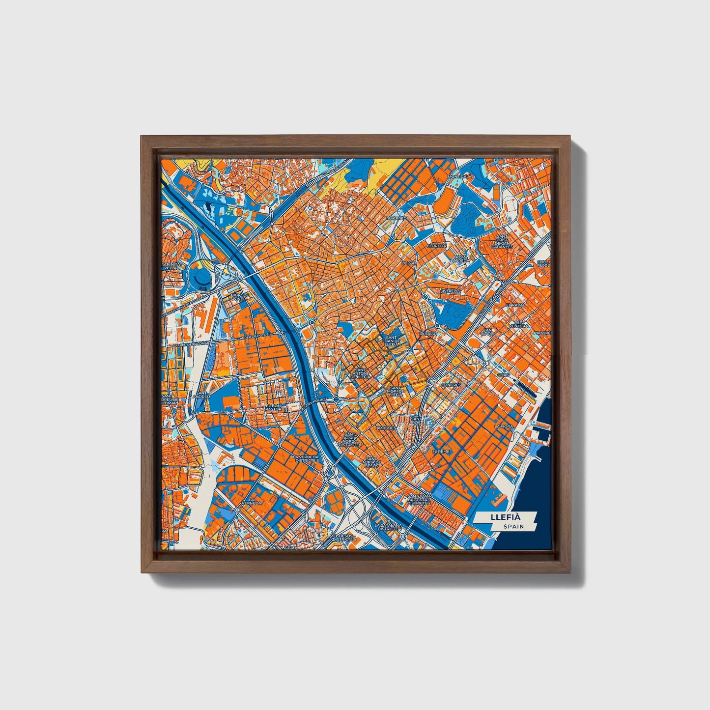 Llefià Spain Colorful City Map Canvas Print • Dark Wooden Framed