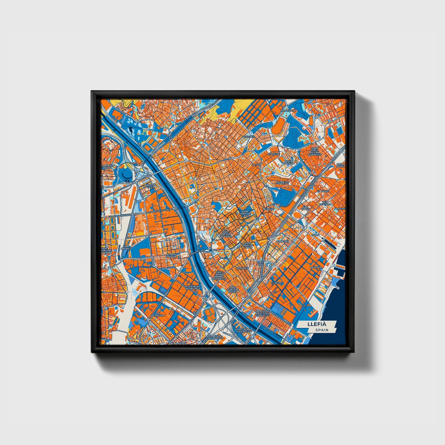 Llefià Spain Colorful City Map Canvas Print • Black Framed