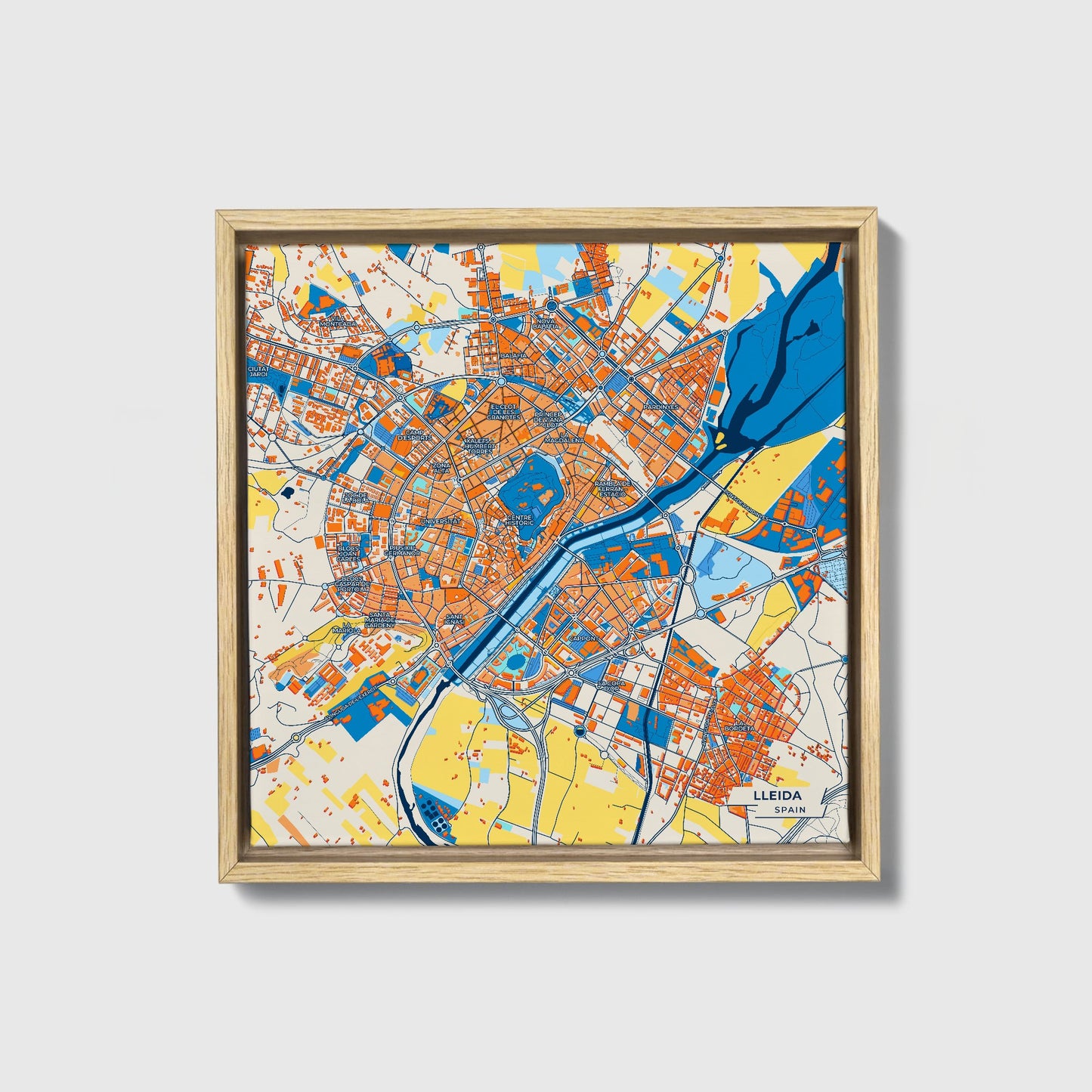 Lleida Spain Colorful City Map Canvas Print • Natural Wooden Framed