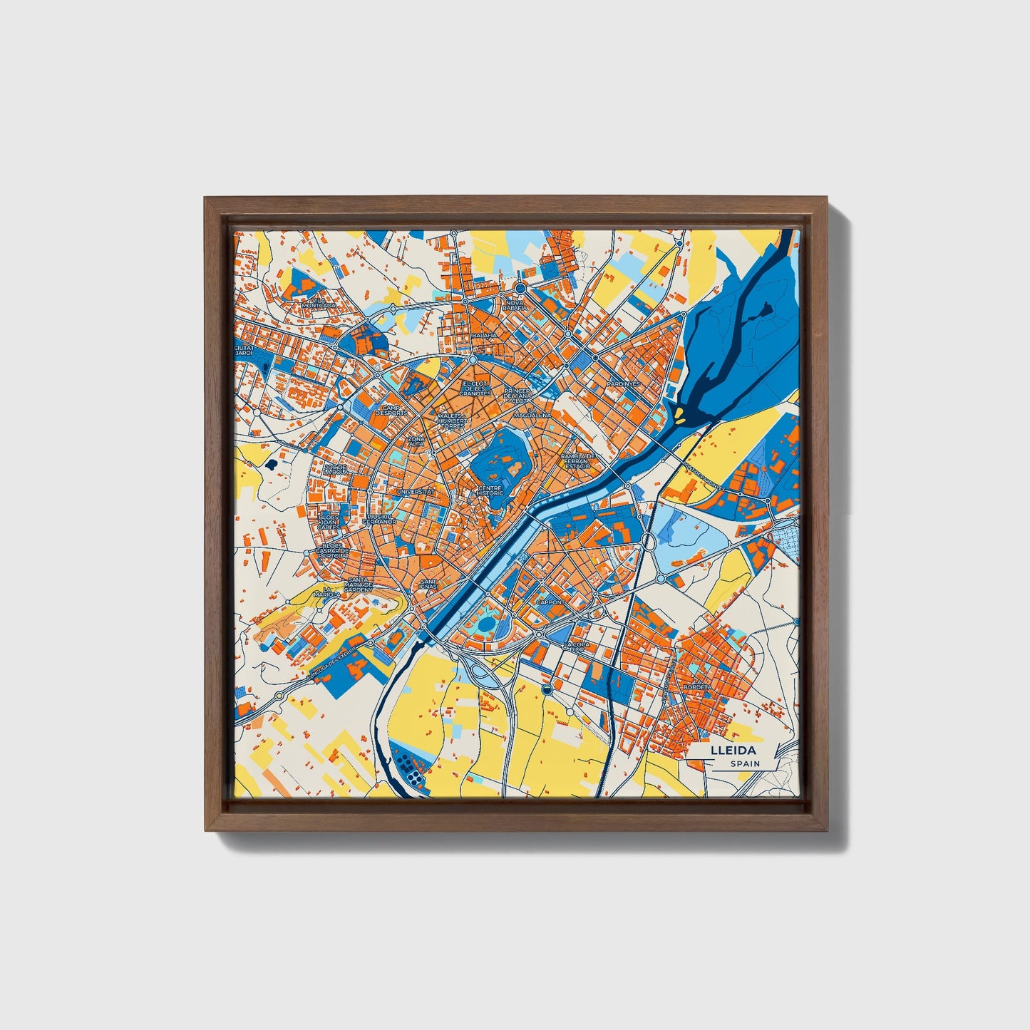 Lleida Spain Colorful City Map Canvas Print • Dark Wooden Framed