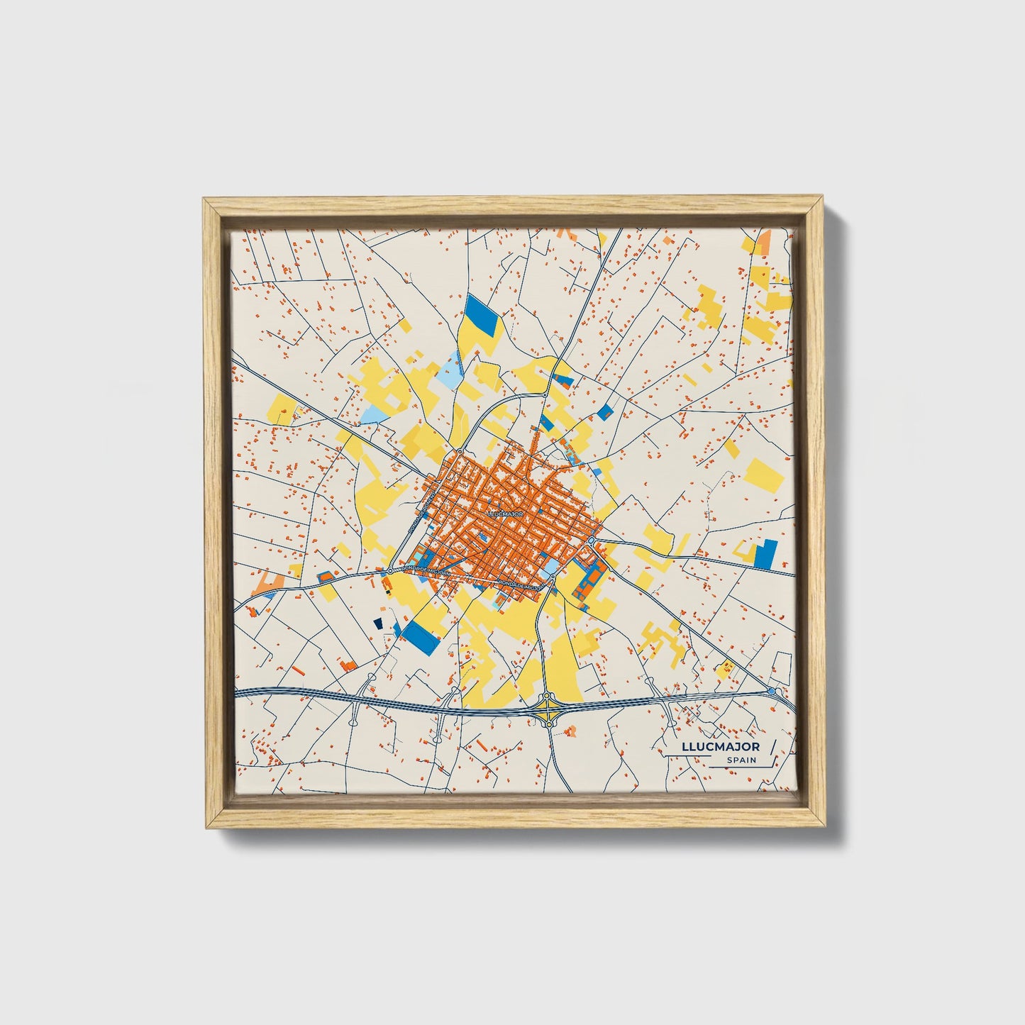 Llucmajor Spain Colorful City Map Canvas Print • Natural Wooden Framed