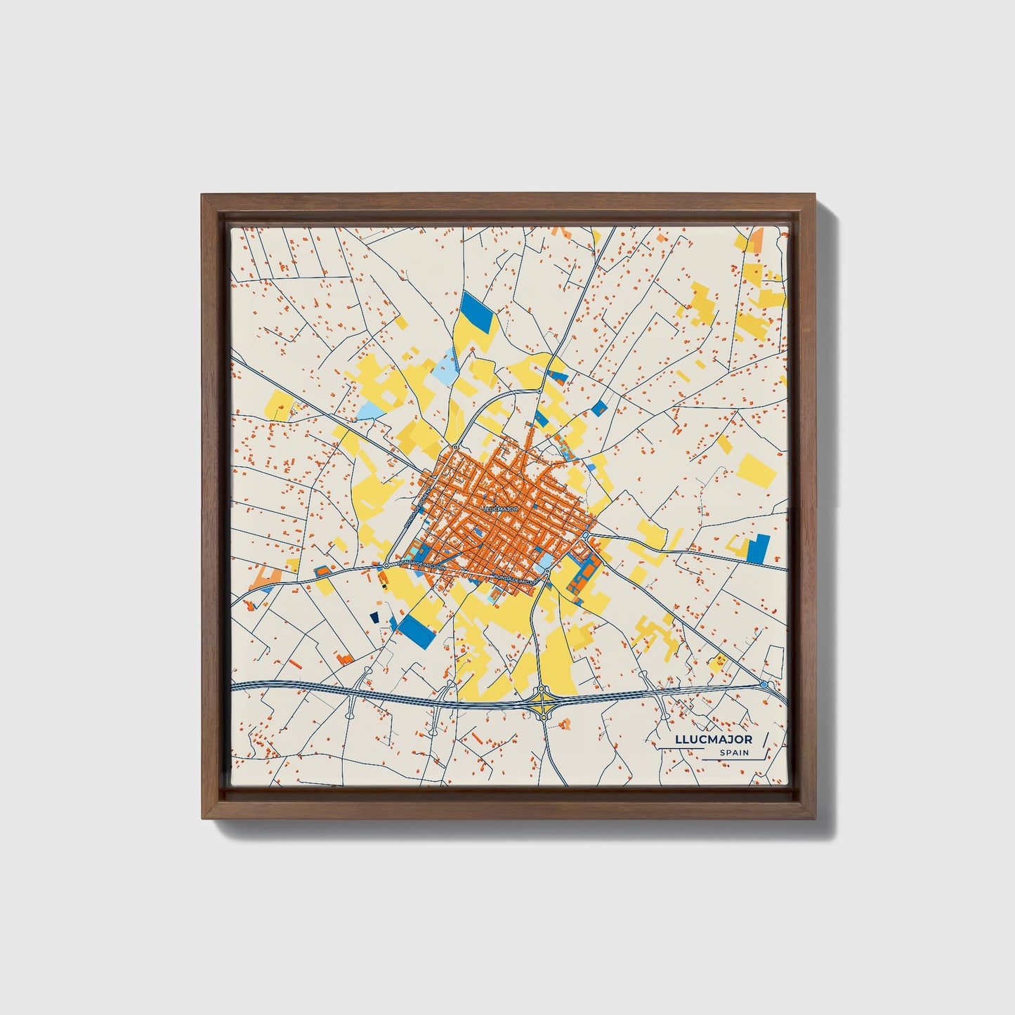 Llucmajor Spain Colorful City Map Canvas Print • Dark Wooden Framed