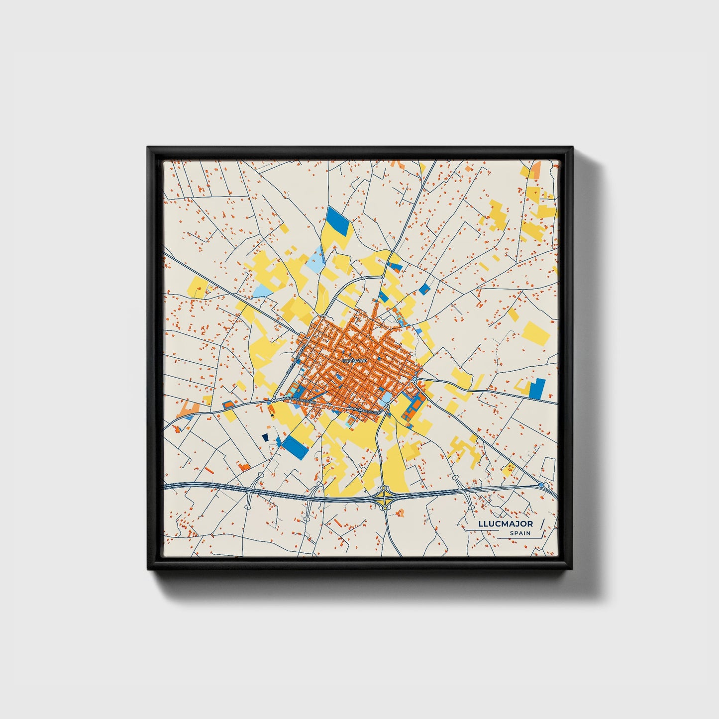 Llucmajor Spain Colorful City Map Canvas Print • Black Framed