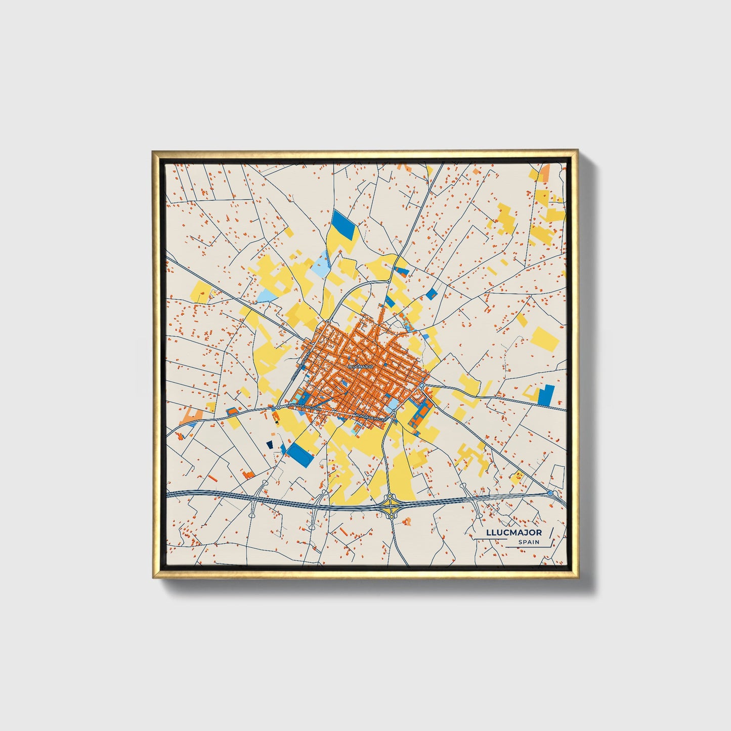 Llucmajor Spain Colorful City Map Canvas Print • Gold Framed