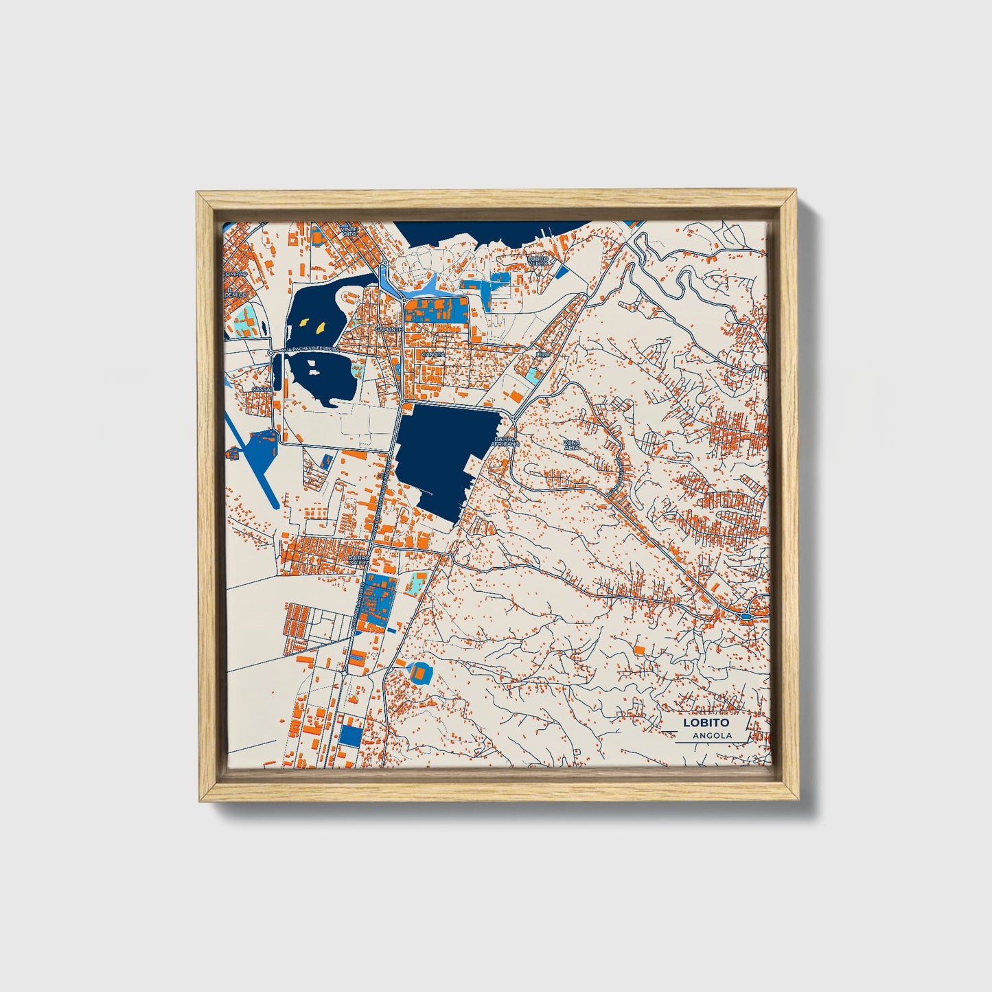 Lobito Angola Colorful City Map Canvas Print • Natural Wooden Framed