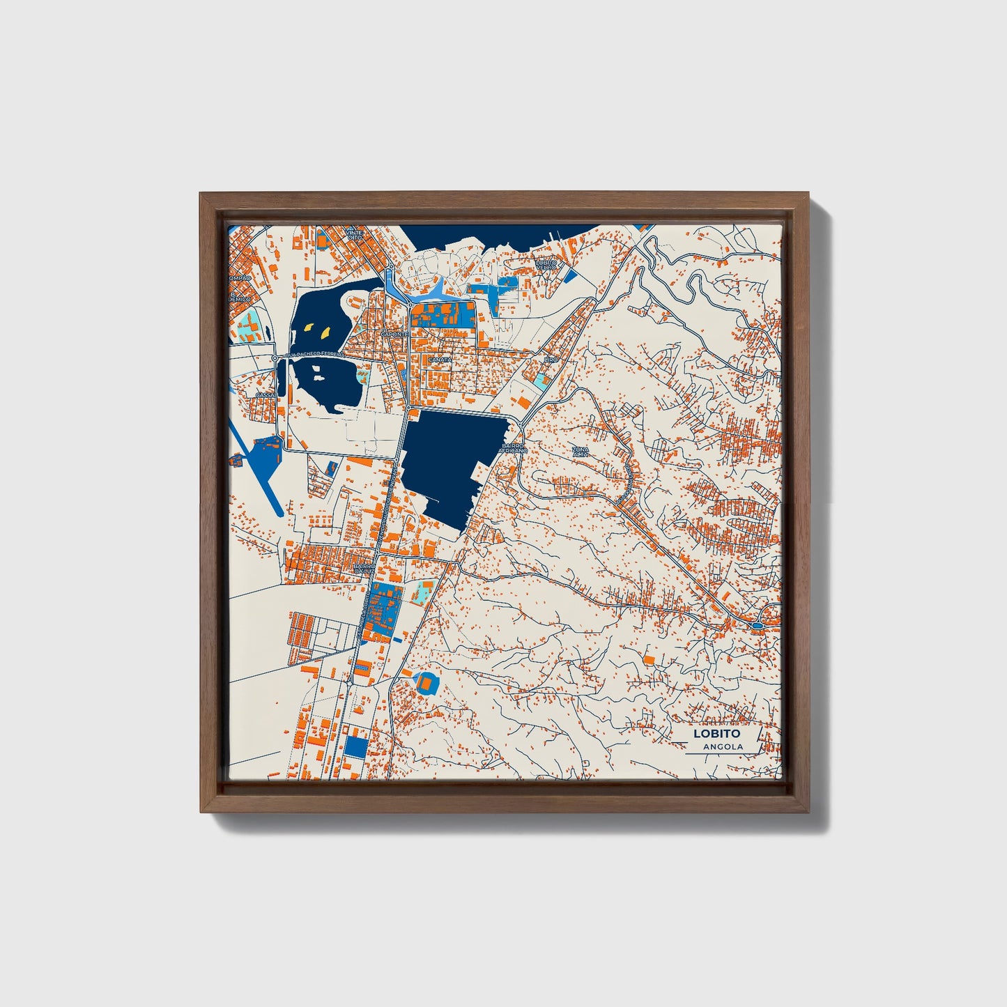 Lobito Angola Colorful City Map Canvas Print • Dark Wooden Framed