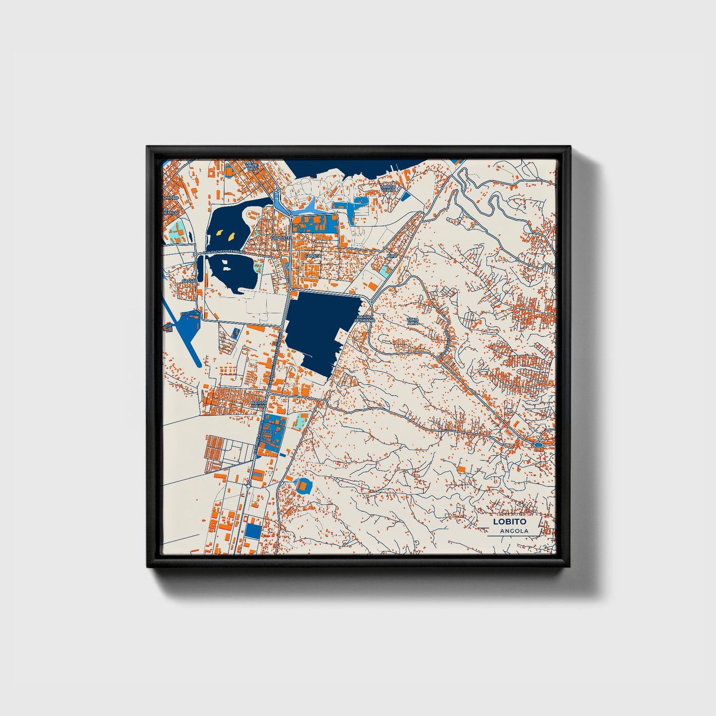 Lobito Angola Colorful City Map Canvas Print • Black Framed
