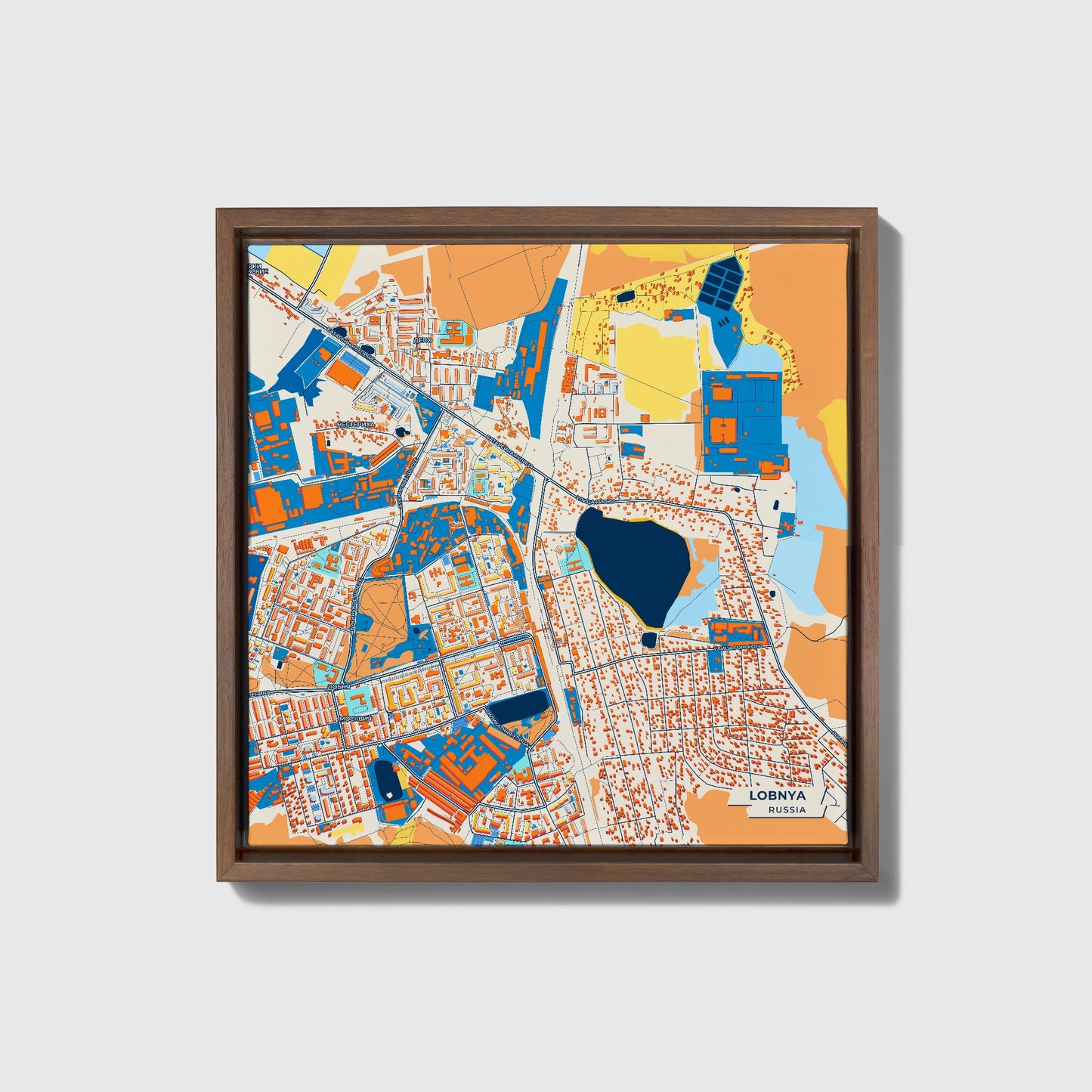 Лобня Russia Colorful City Map Canvas Print • Dark Wooden Framed