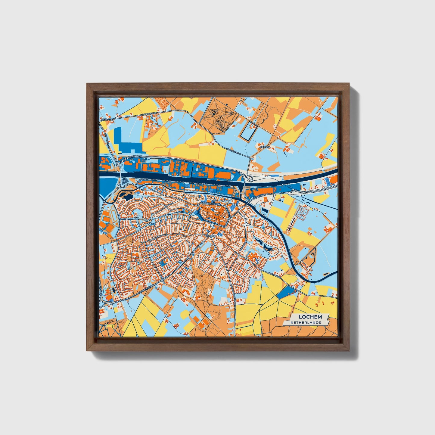 Lochem Netherlands Colorful City Map Canvas Print • Dark Wooden Framed
