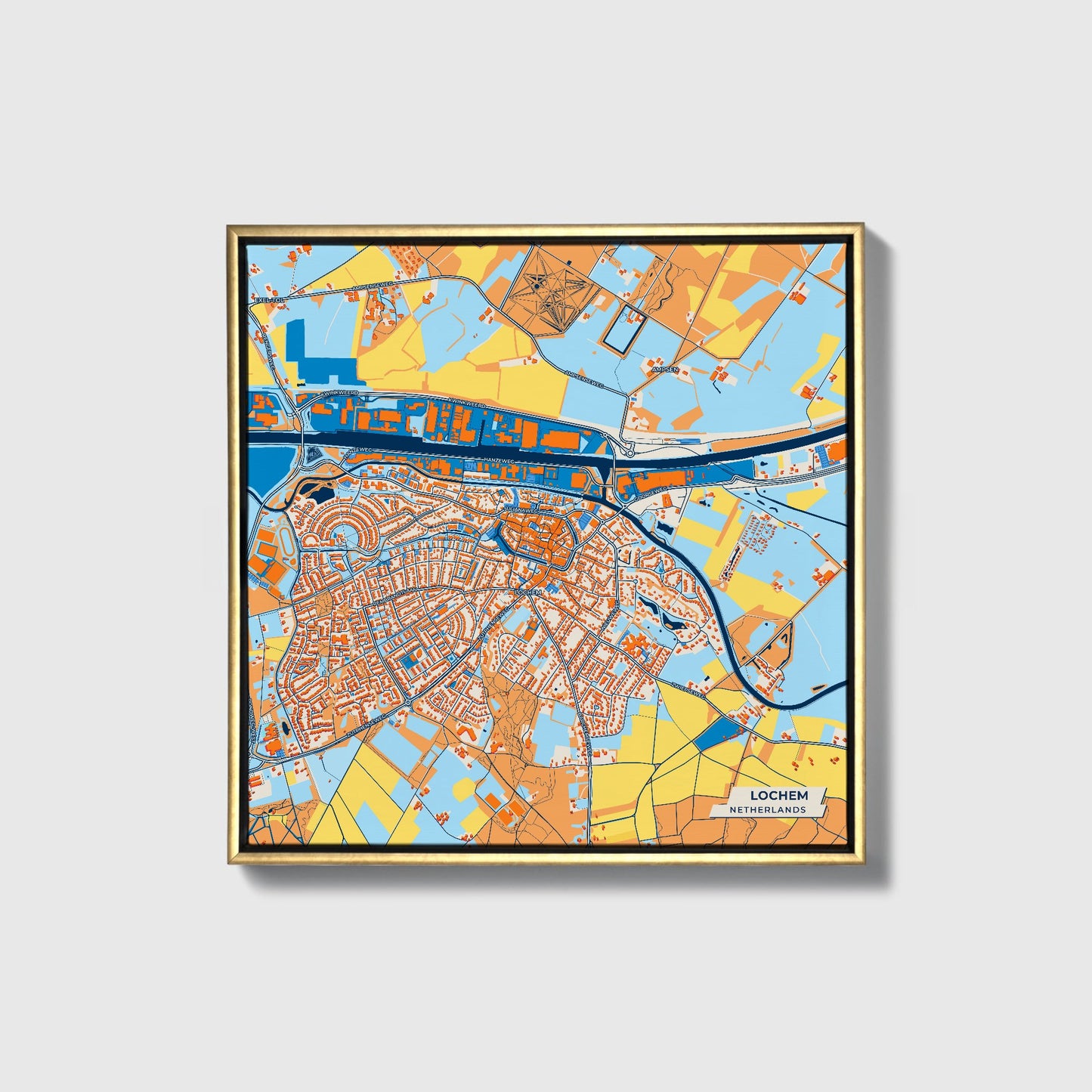 Lochem Netherlands Colorful City Map Canvas Print • Gold Framed