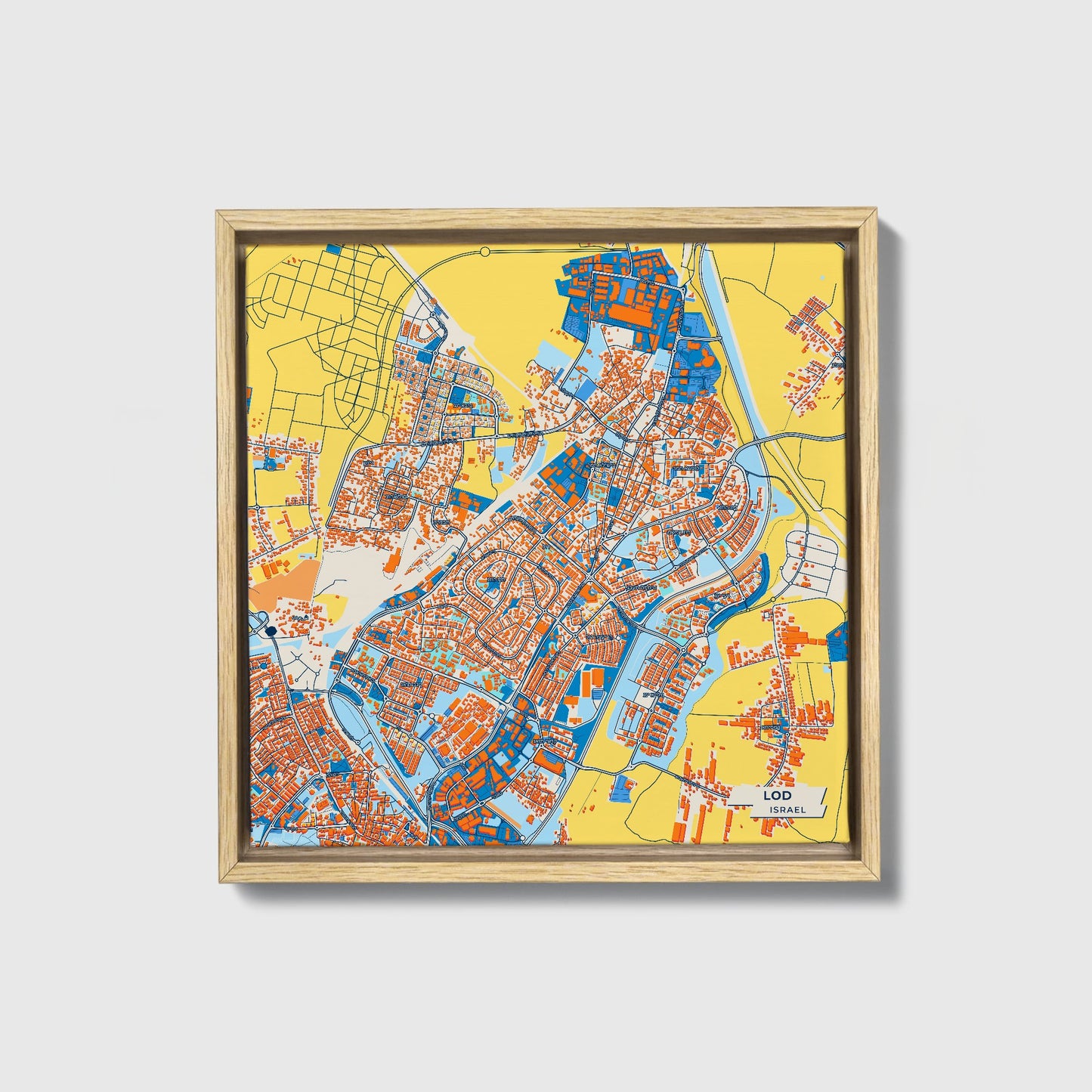 Lod Israel Colorful City Map Canvas Print • Natural Wooden Framed