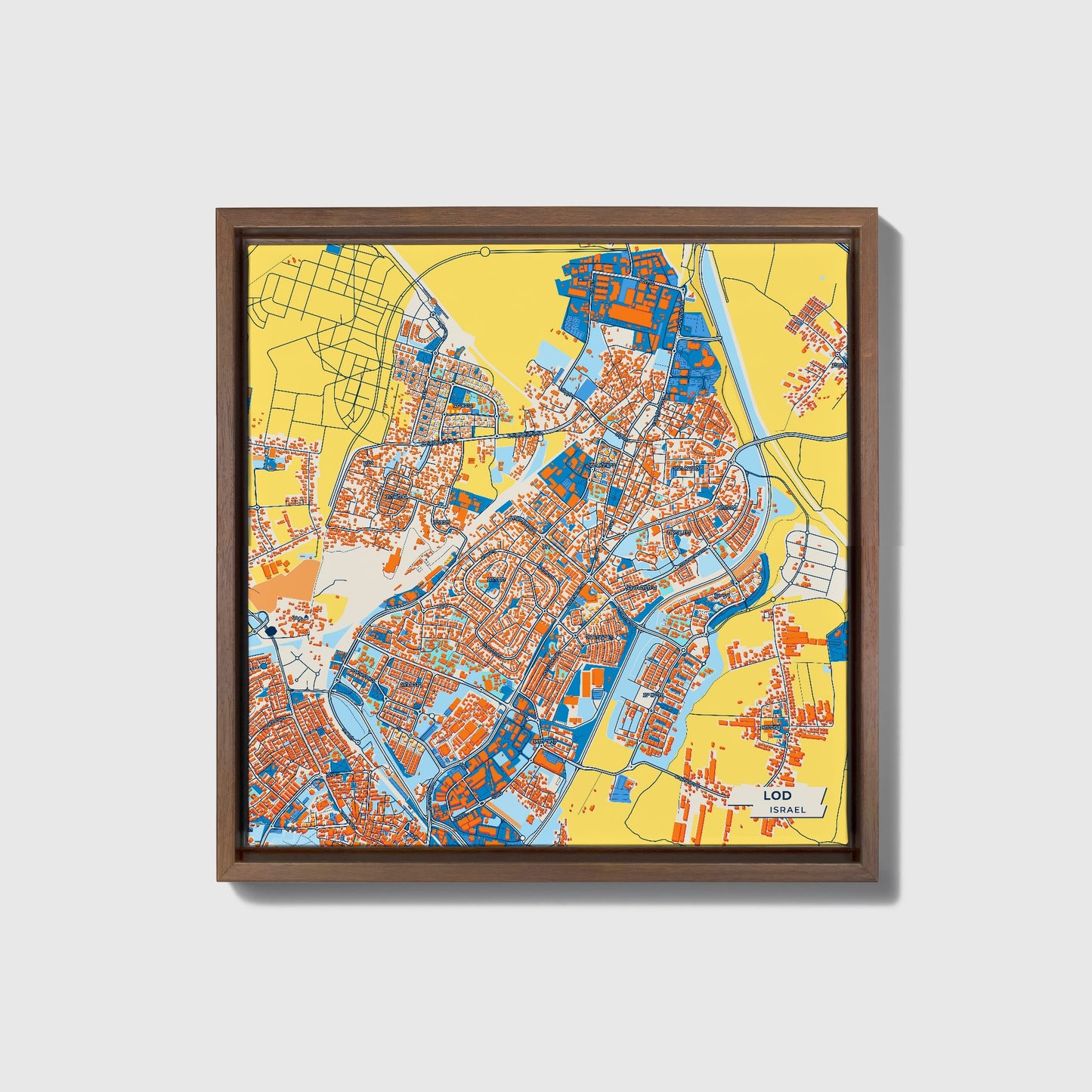 Lod Israel Colorful City Map Canvas Print • Dark Wooden Framed