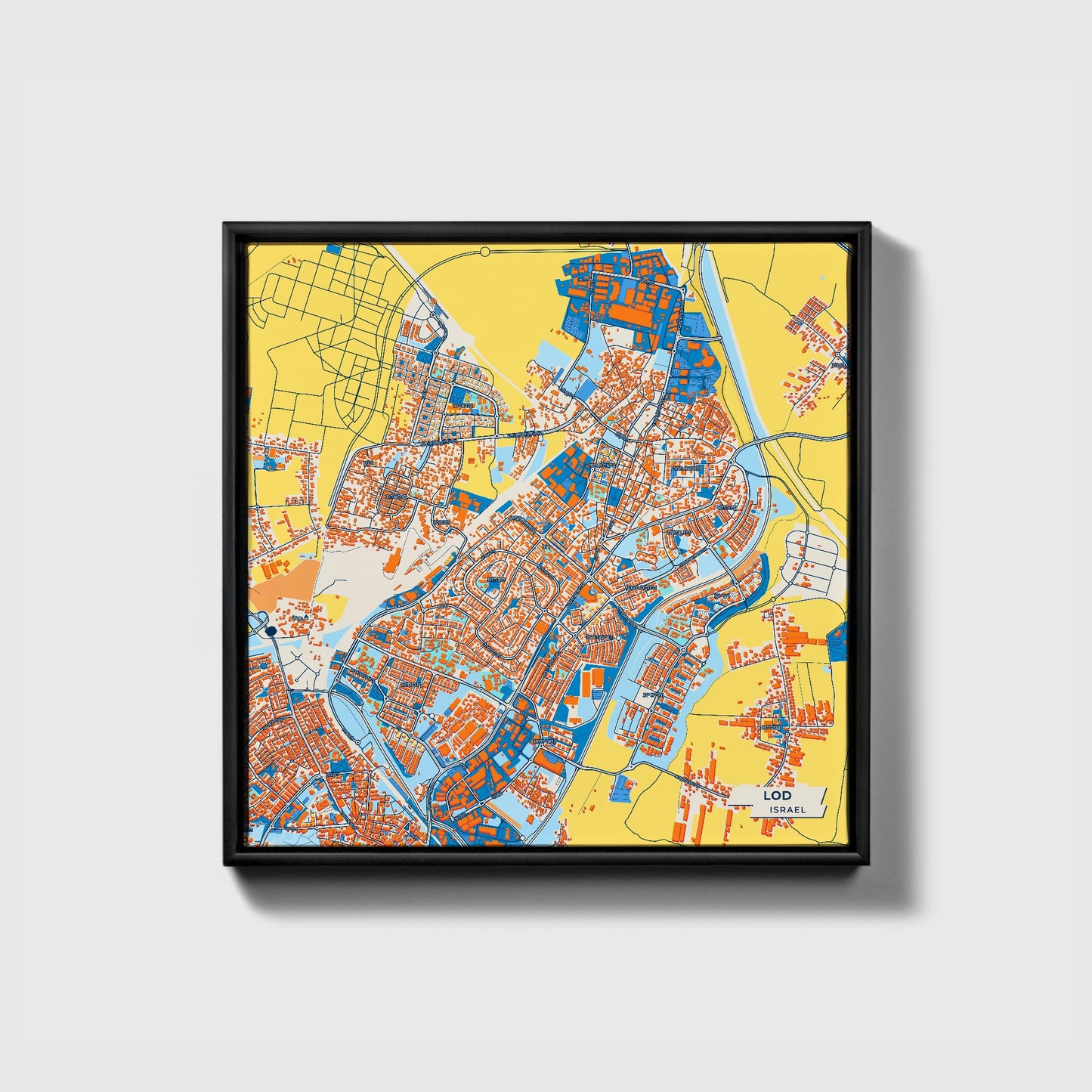 Lod Israel Colorful City Map Canvas Print • Black Framed