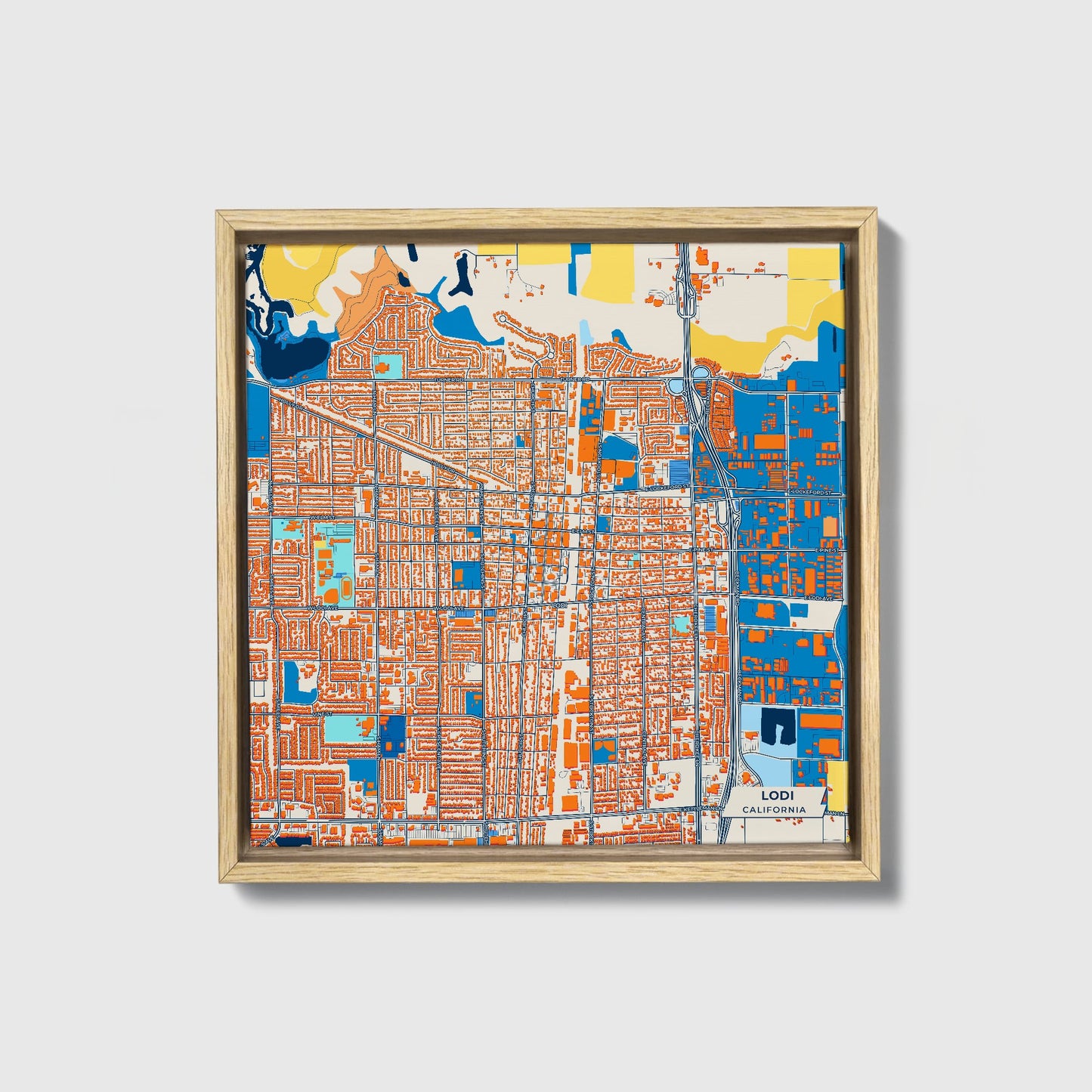 Lodi California Colorful City Map Canvas Print • Natural Wooden Framed