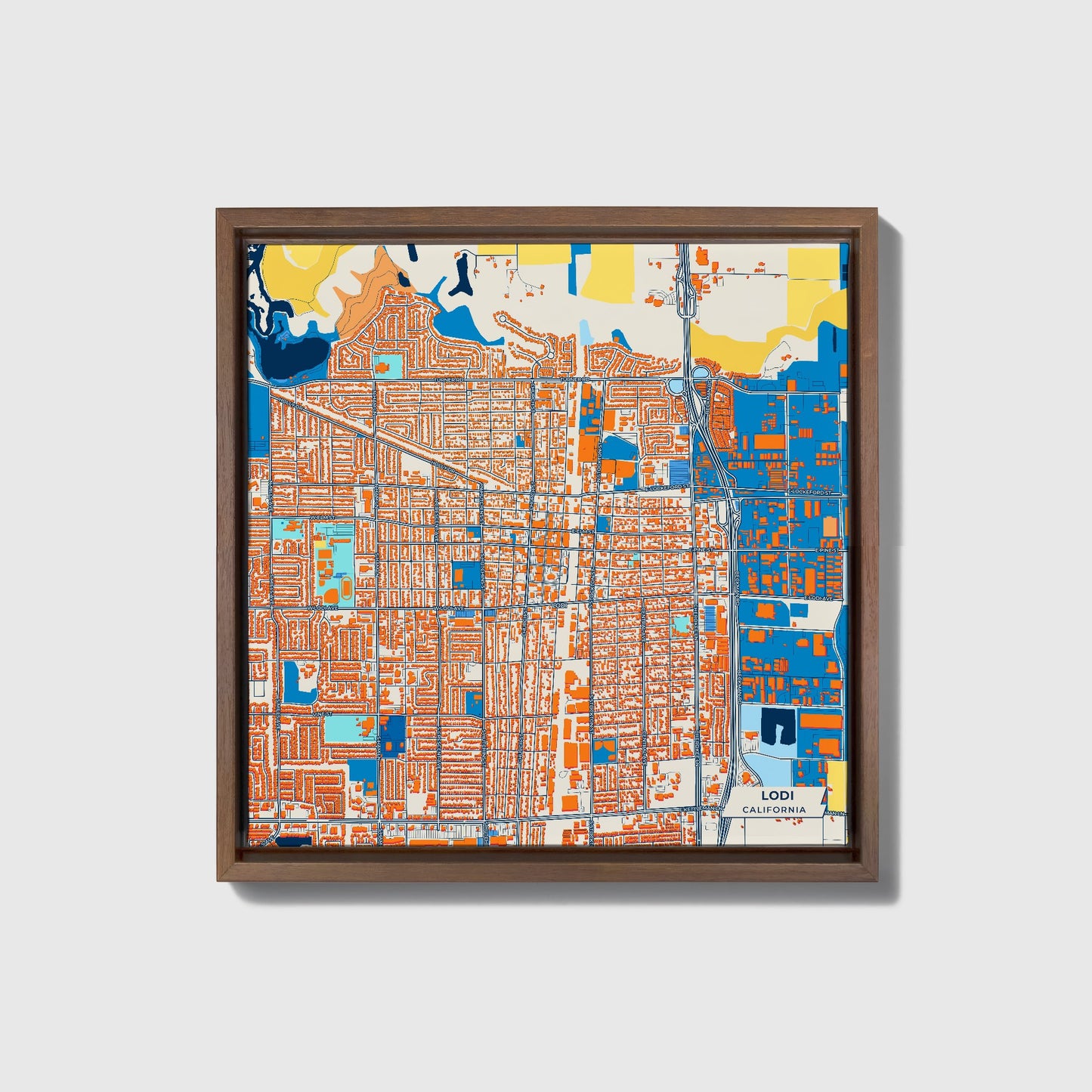 Lodi California Colorful City Map Canvas Print • Dark Wooden Framed