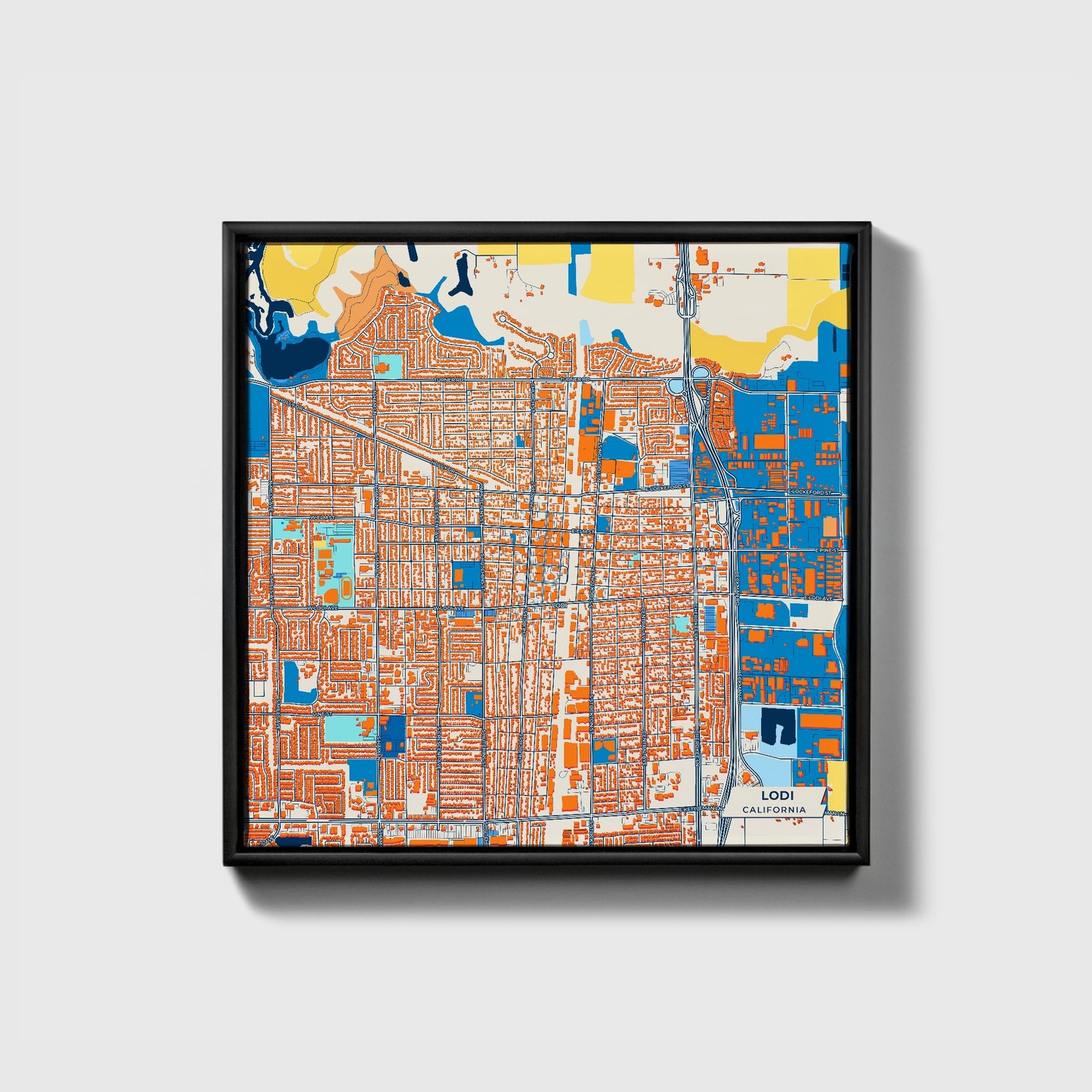 Lodi California Colorful City Map Canvas Print • Black Framed