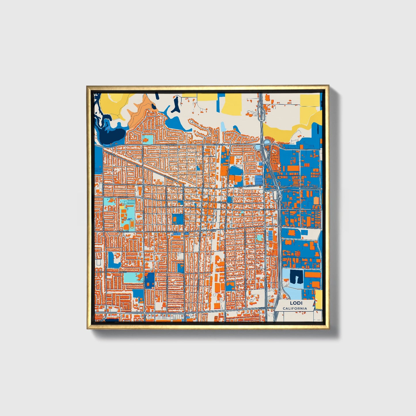 Lodi California Colorful City Map Canvas Print • Gold Framed
